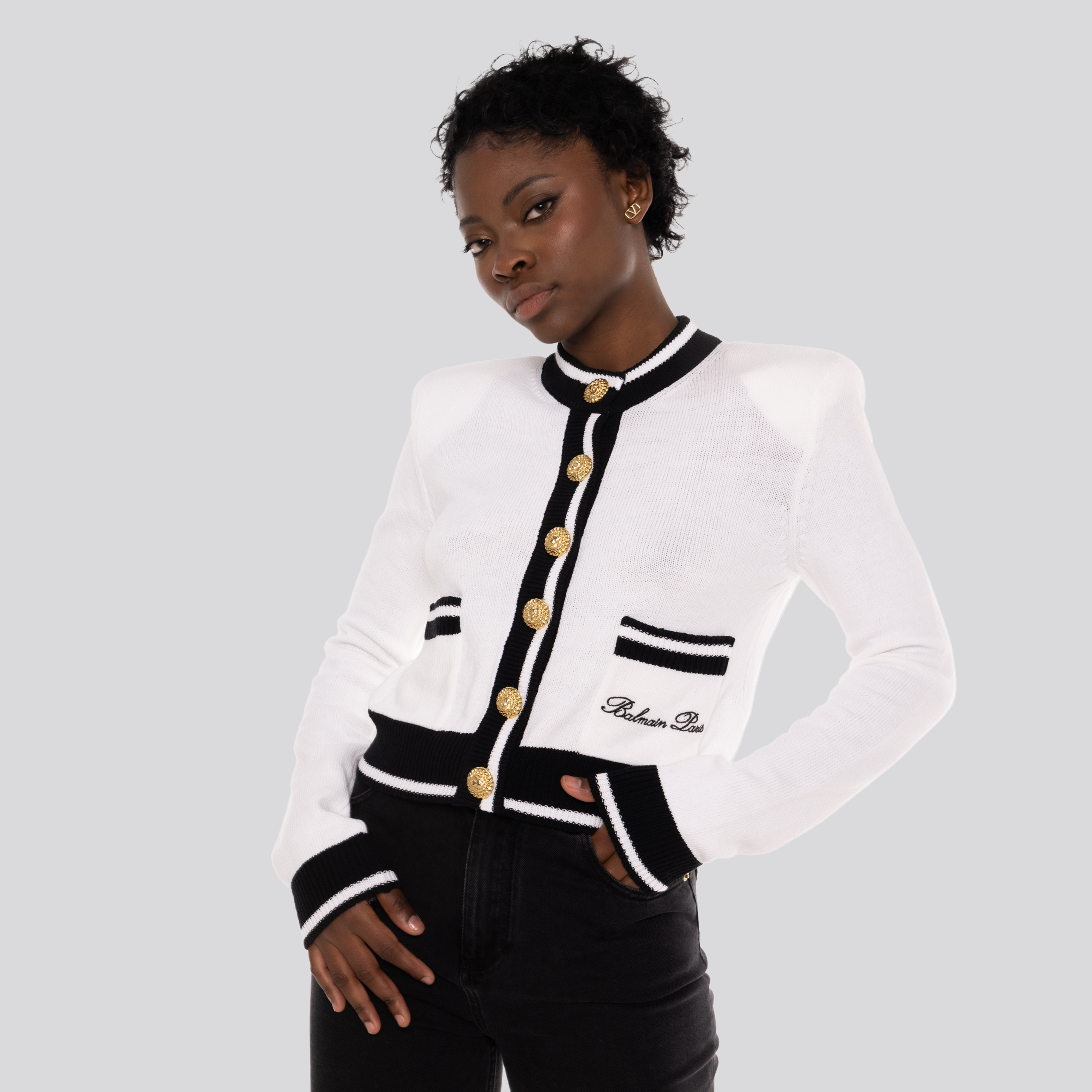 Buzo Blanco Balmain White Signature Buttoned Knit Cardigan