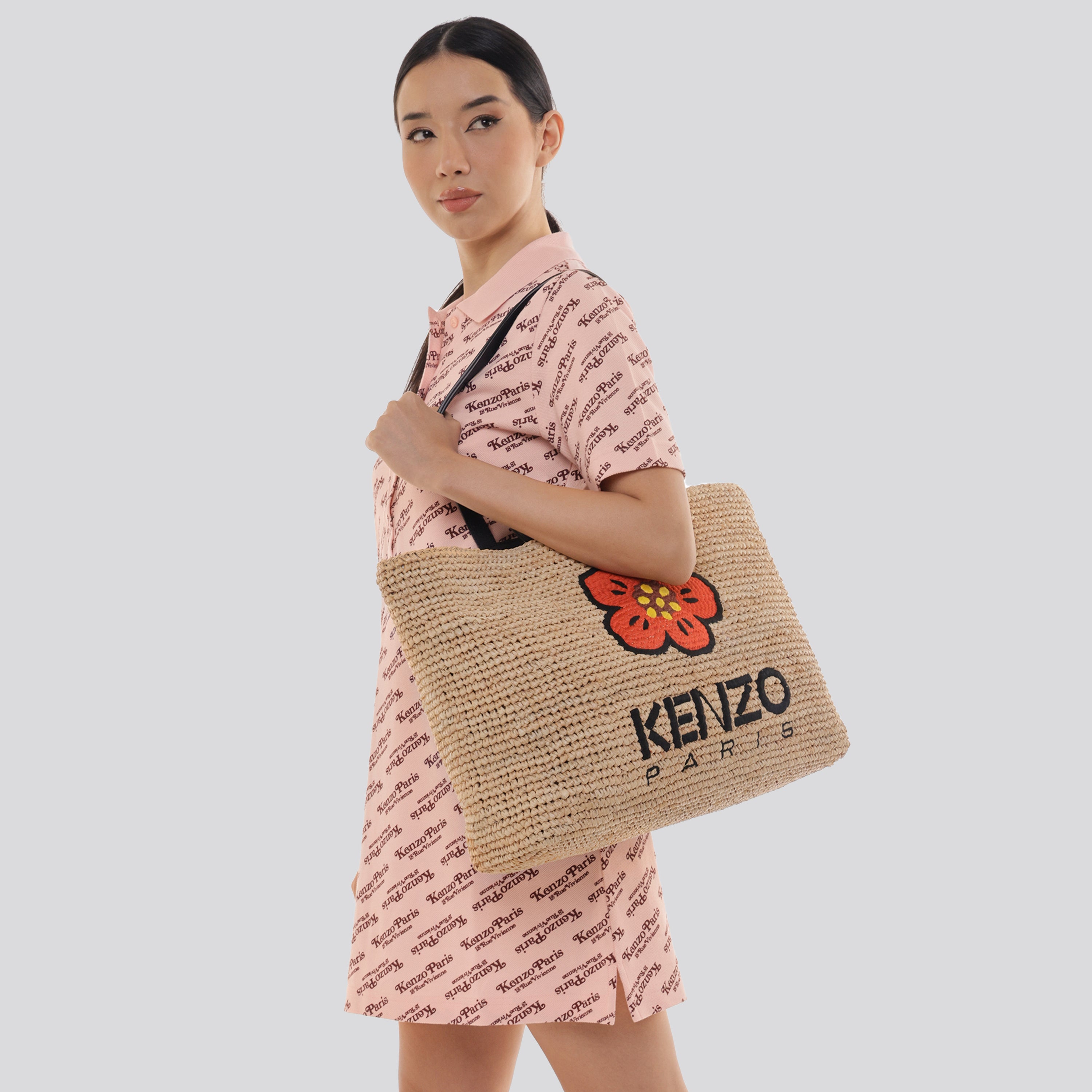 Cartera Beige Kenzo Woven Raffia Medium