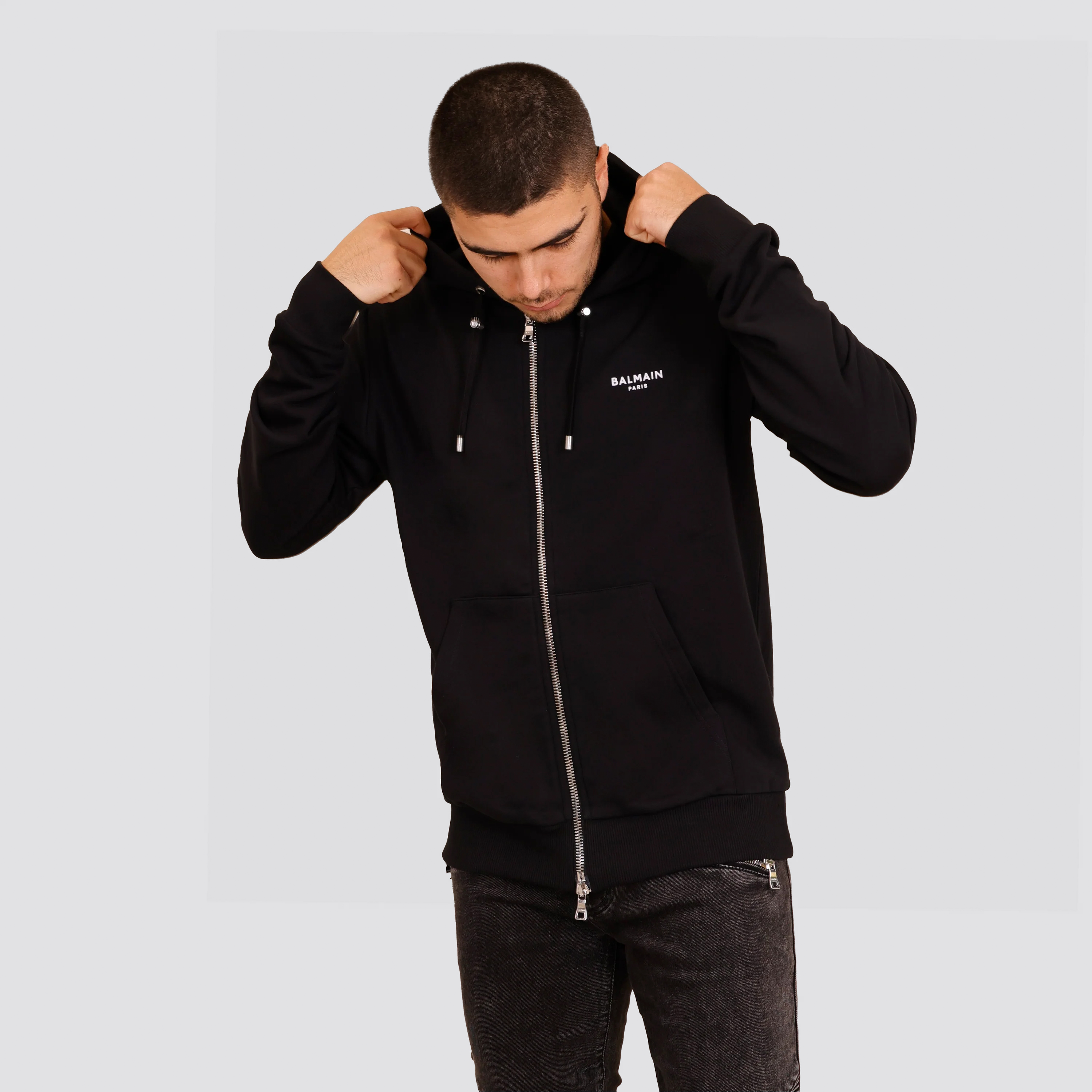 Chaqueta Negra Balmain Logo Zipped