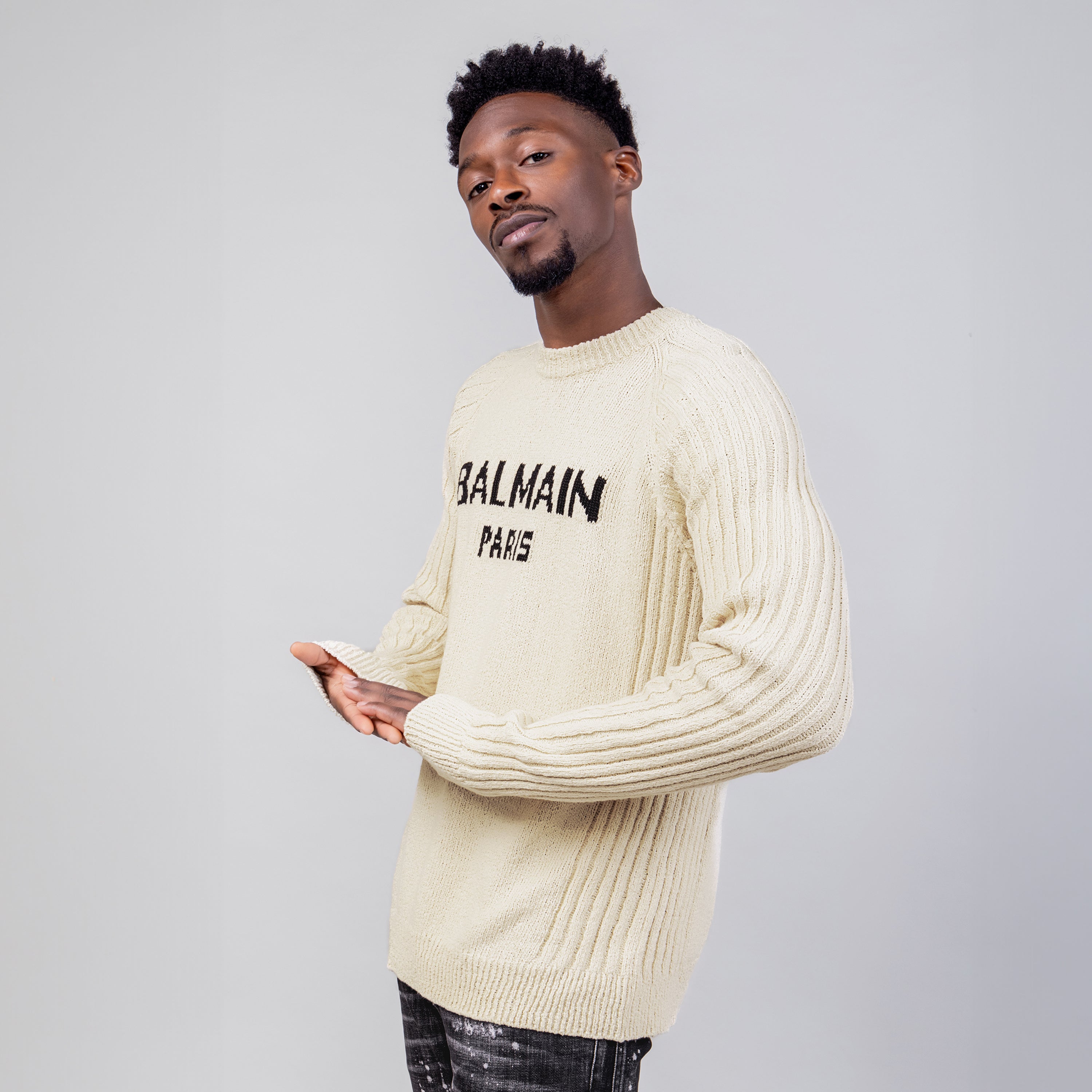 Suéter Crema Balmain Paris Logo