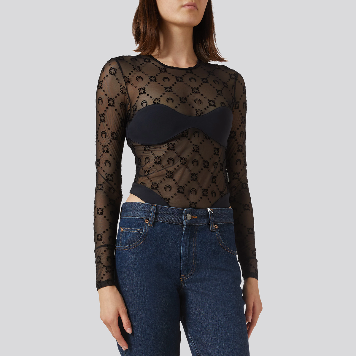 Body Negro Marine Serre Monogram Mesh Flock Manga Larga