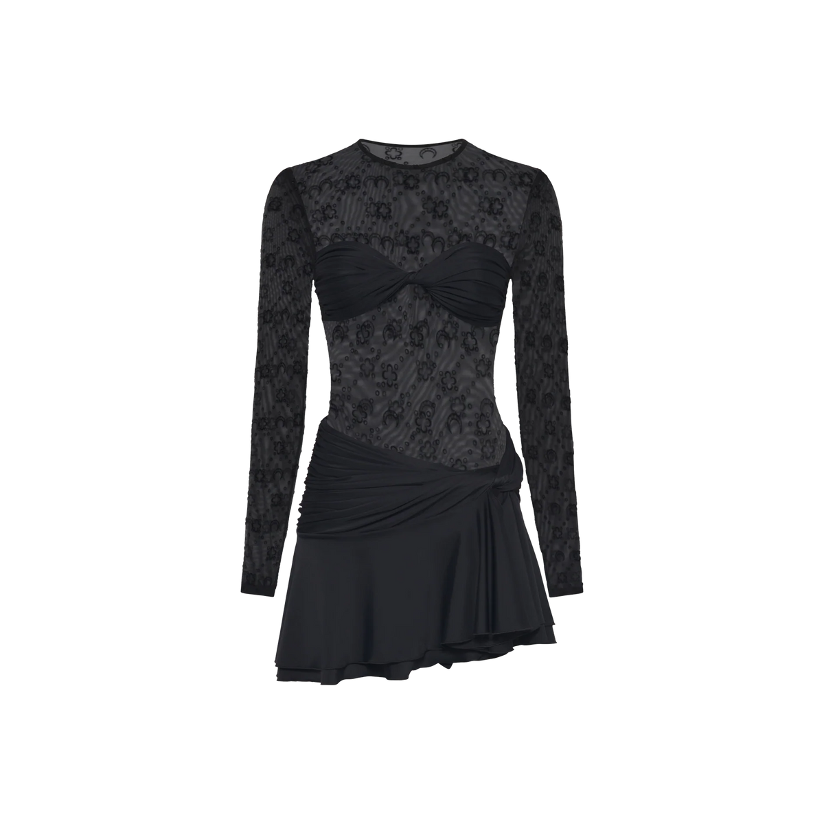 Vestido Negro Marine Serre Monogram Mesh Flock Ruffles