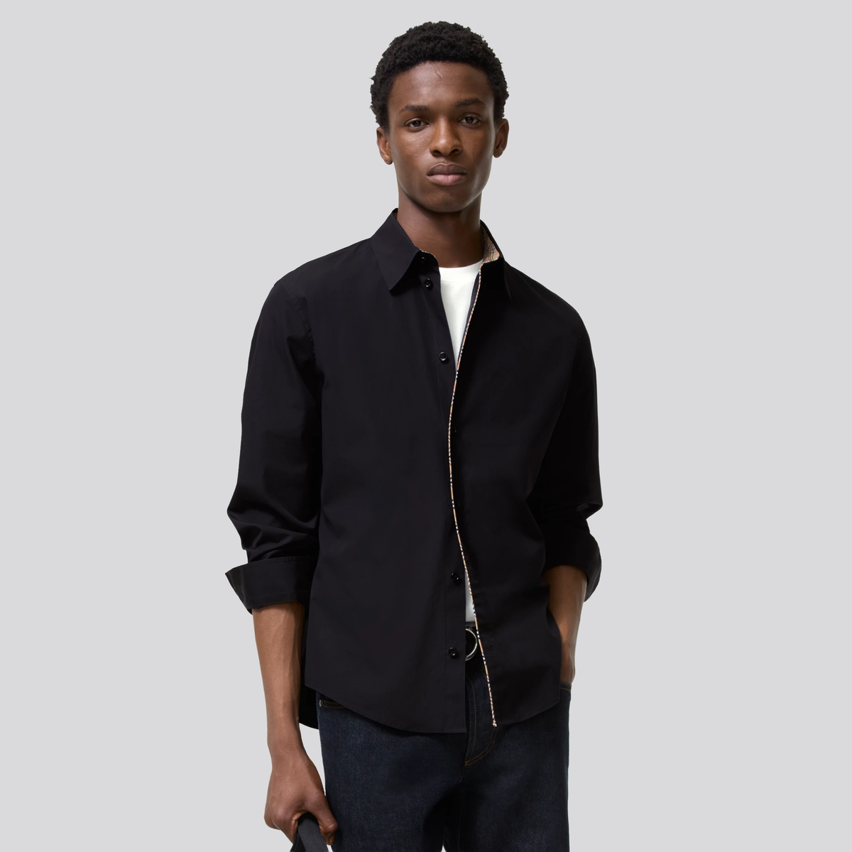 Camisa Negra Burberry Check Piping