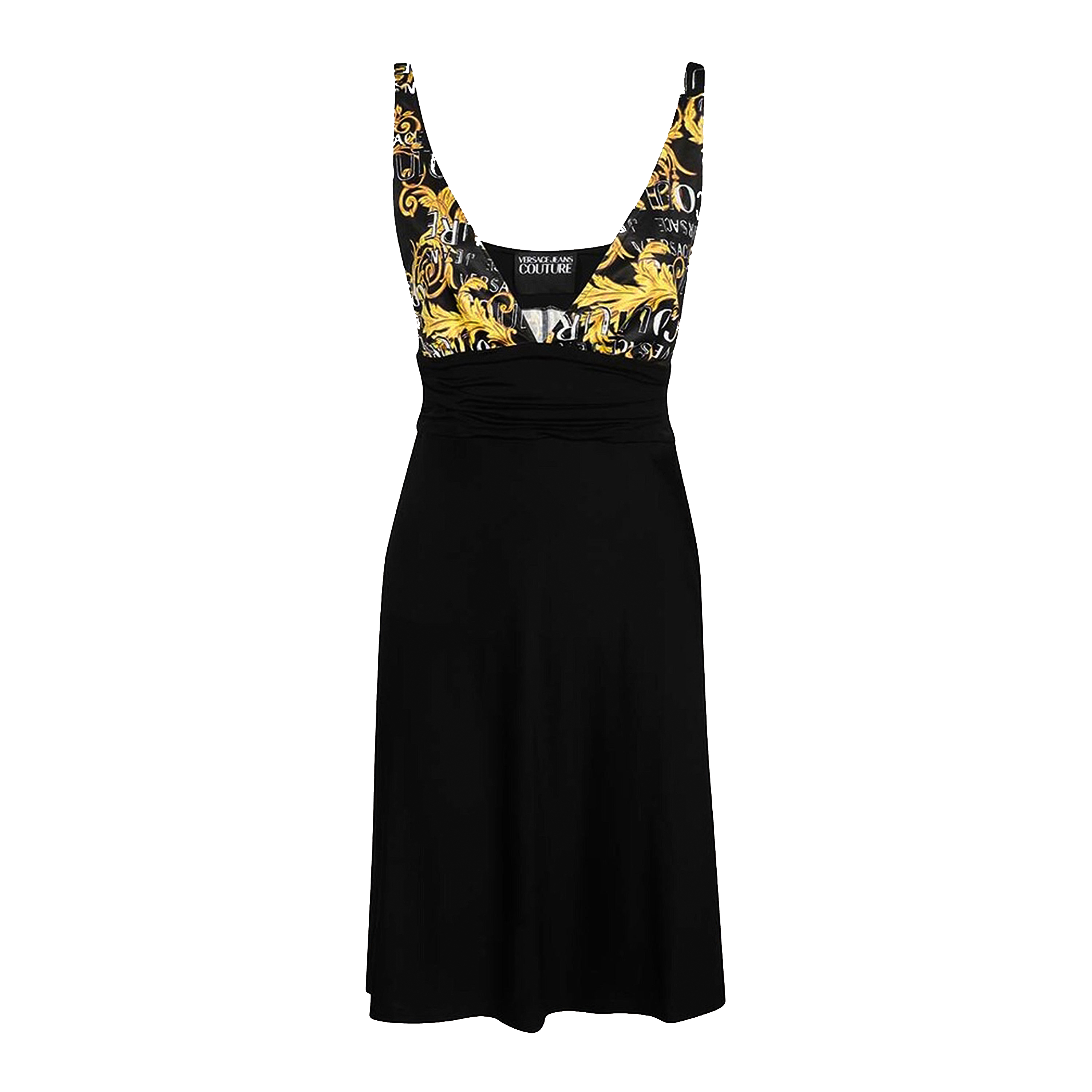 Vestido Negro Versace Couture Organzino Print Logo Couture