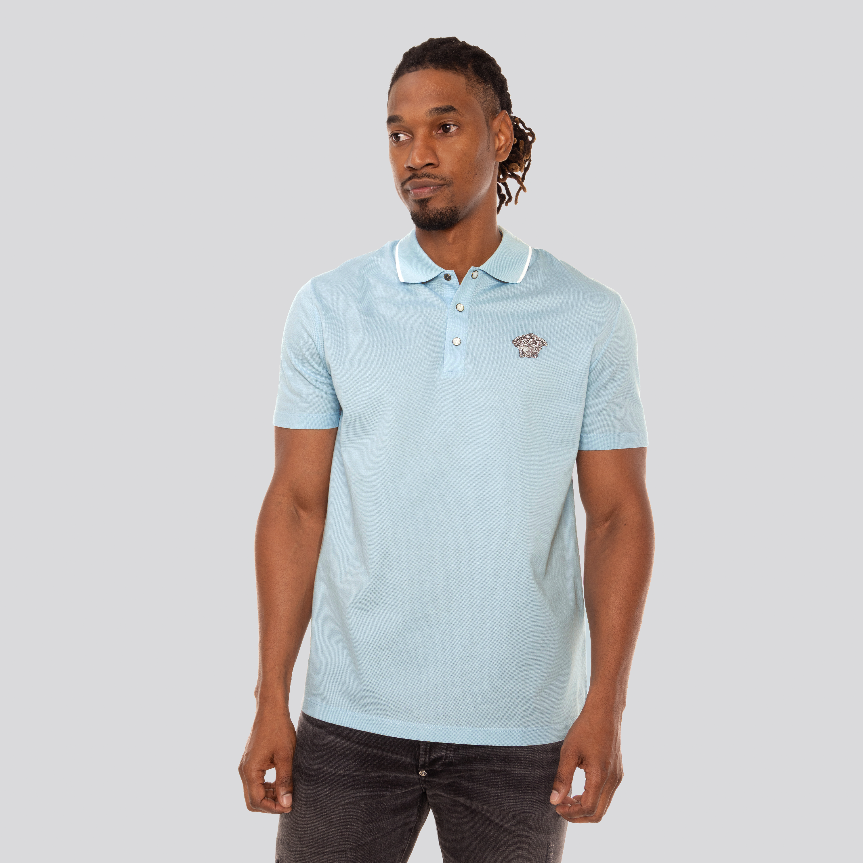 Camiseta Tipo Polo Celeste Versace Medusa