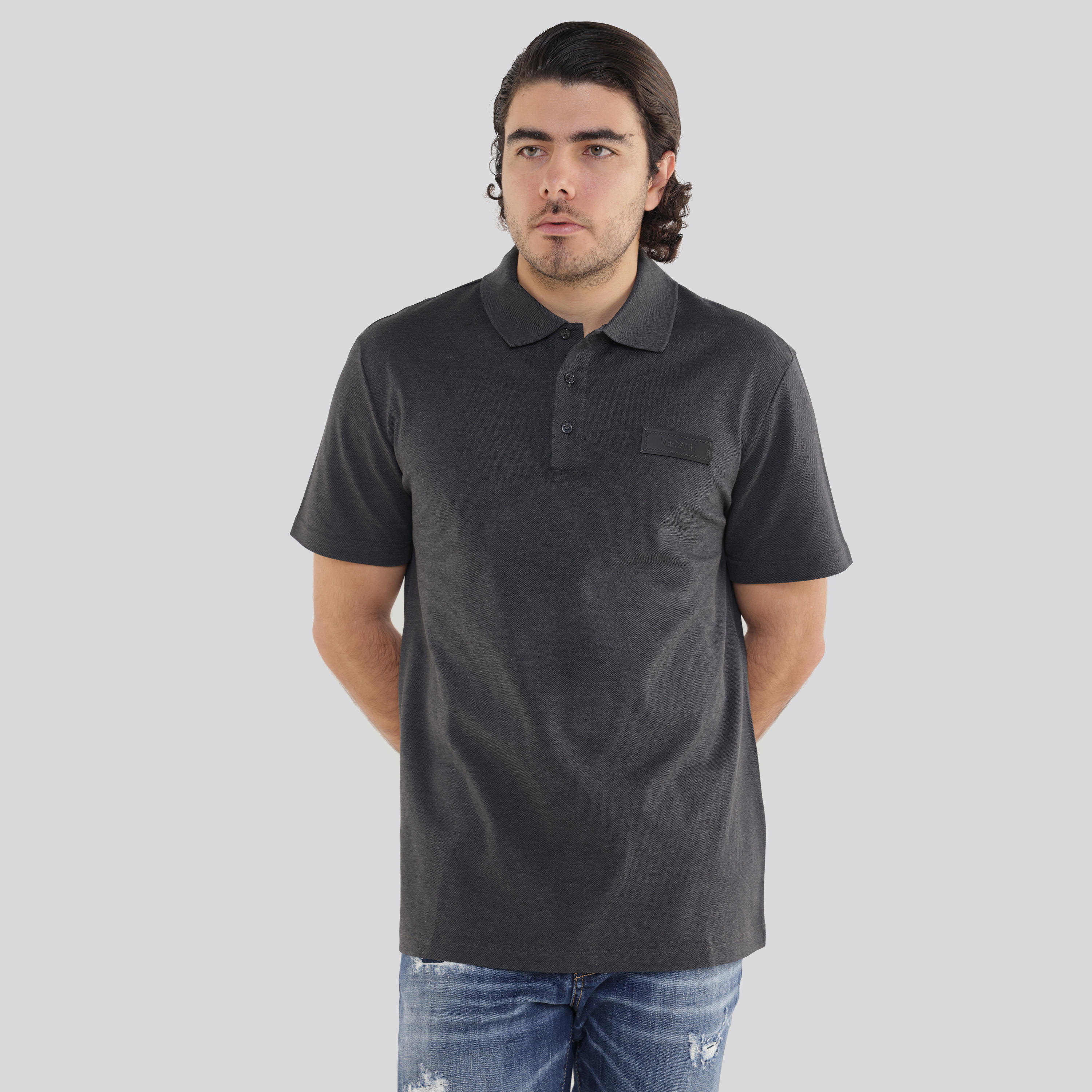 Camiseta Tipo Polo Gris Versace Leather Tag