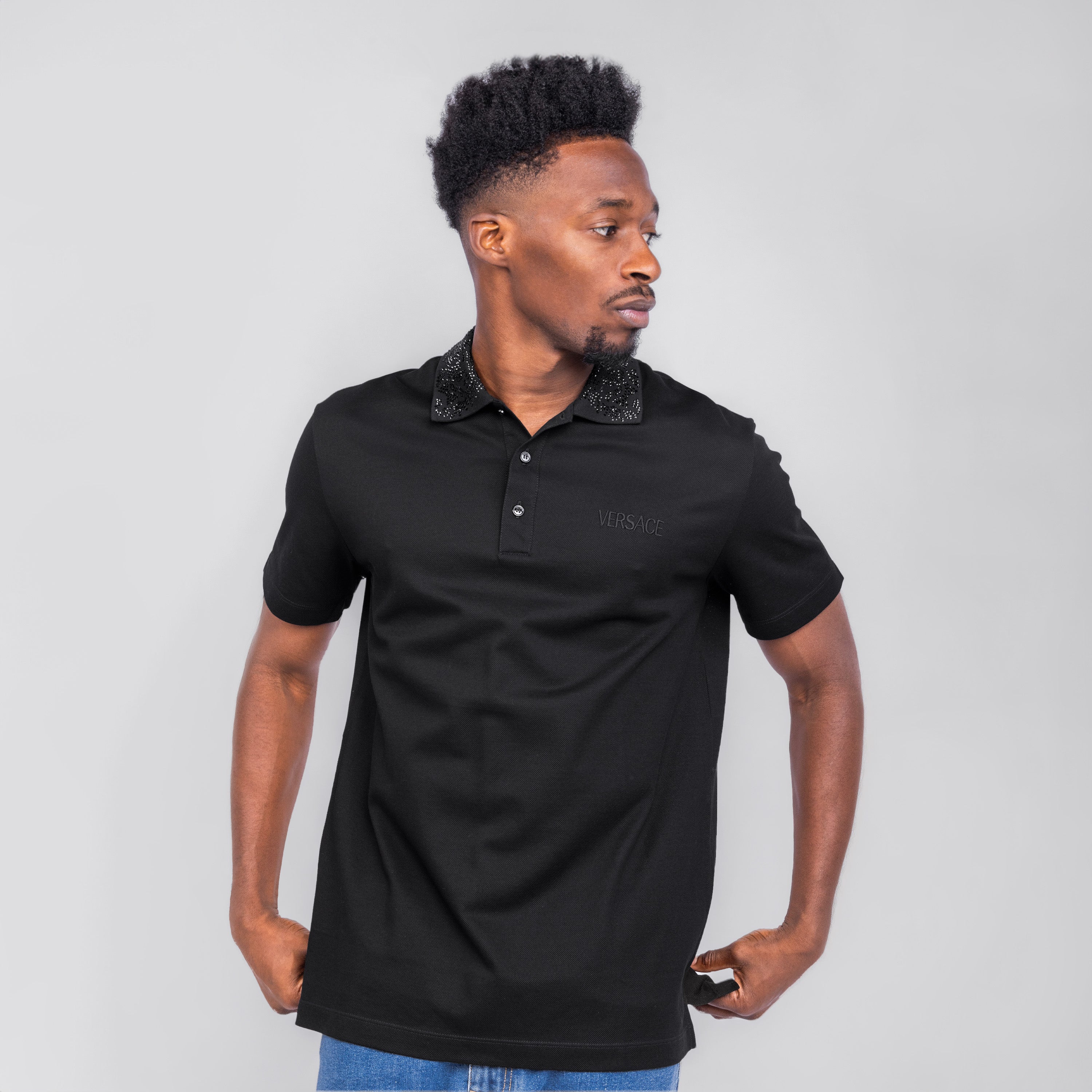 Camiseta Tipo Polo Negra Versace Rhinestone