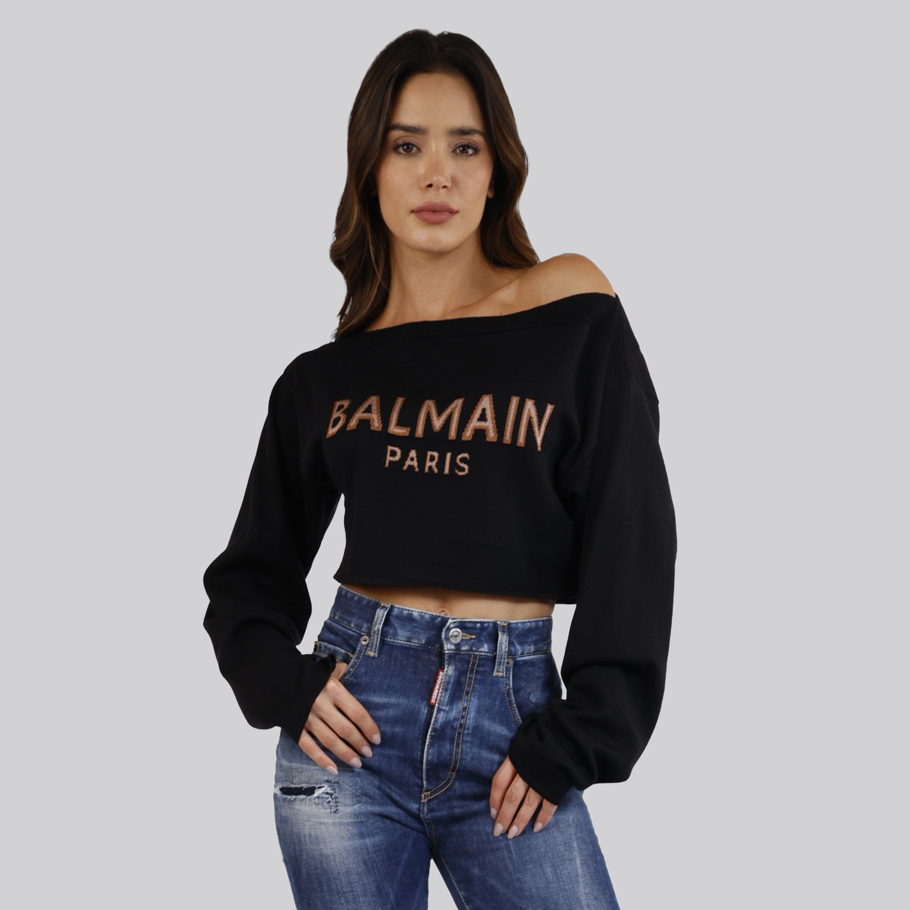 Suéter Negro Balmain Paris Logo Cropped