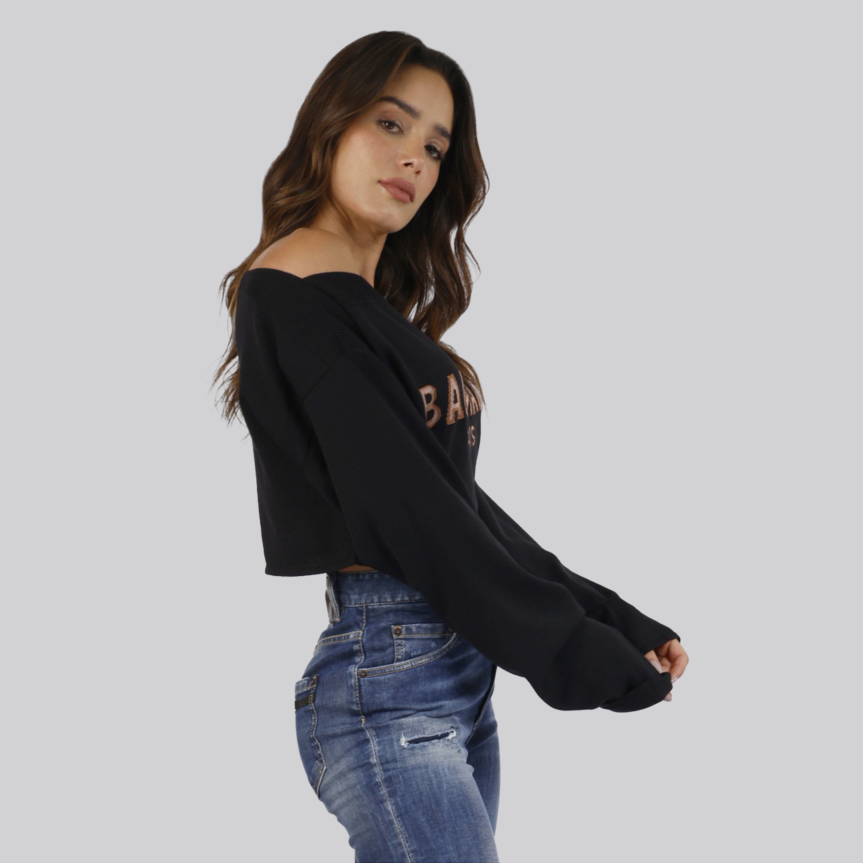 Suéter Negro Balmain Paris Logo Cropped