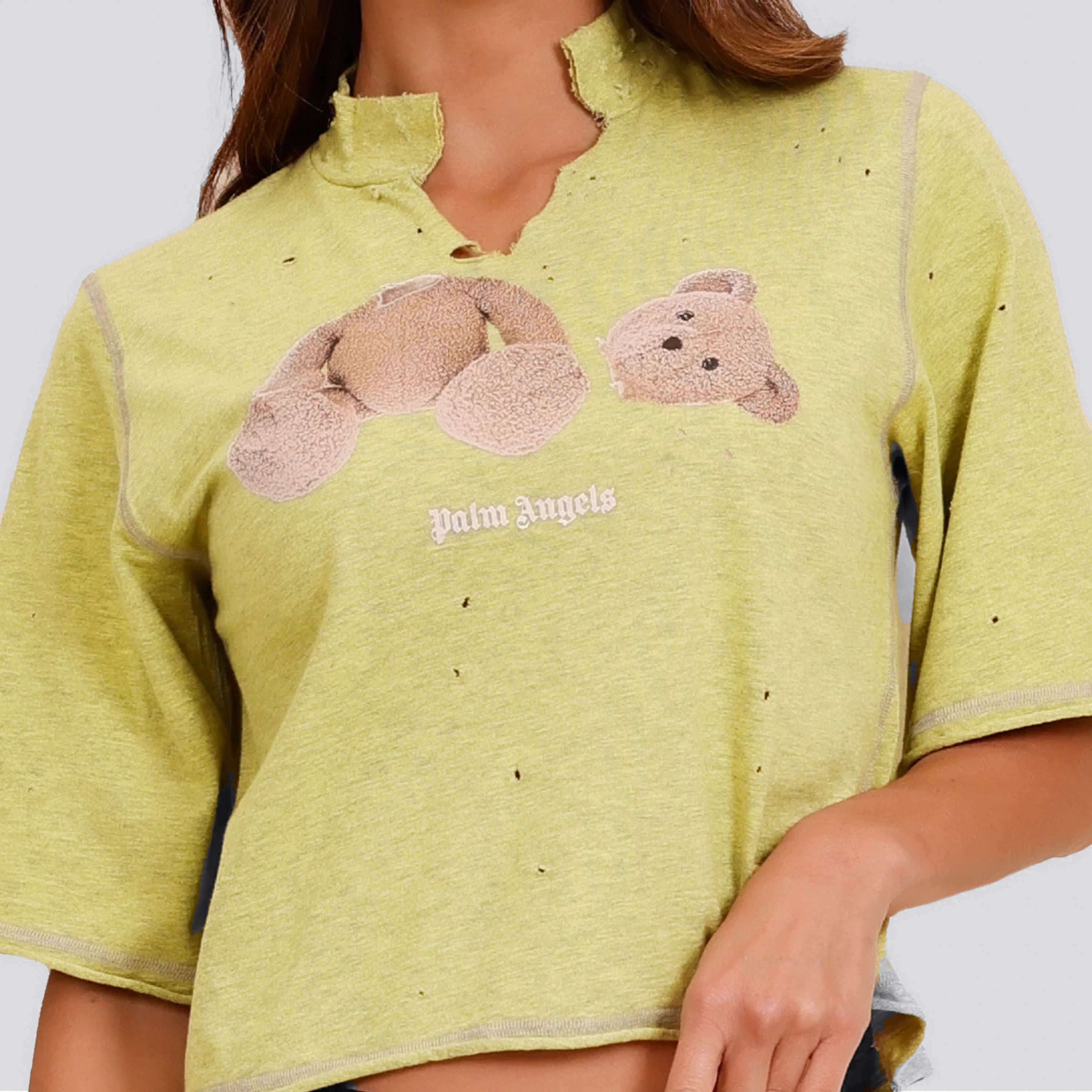 Camiseta Verde Palm Angels Ripped Bear Cropped