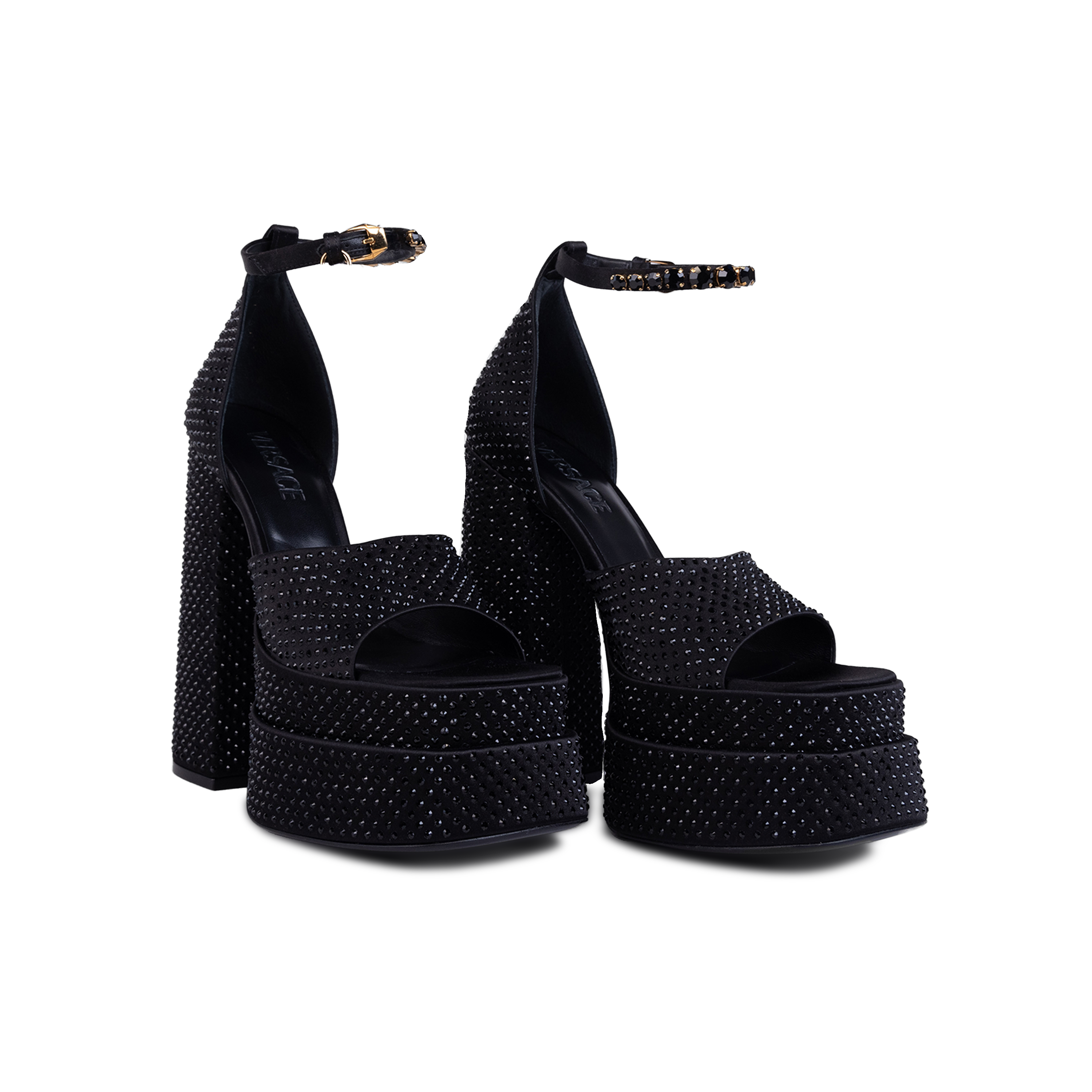 Tacones Negros Versace Swarovski Medusa Aevitas / Intrico 155 mm
