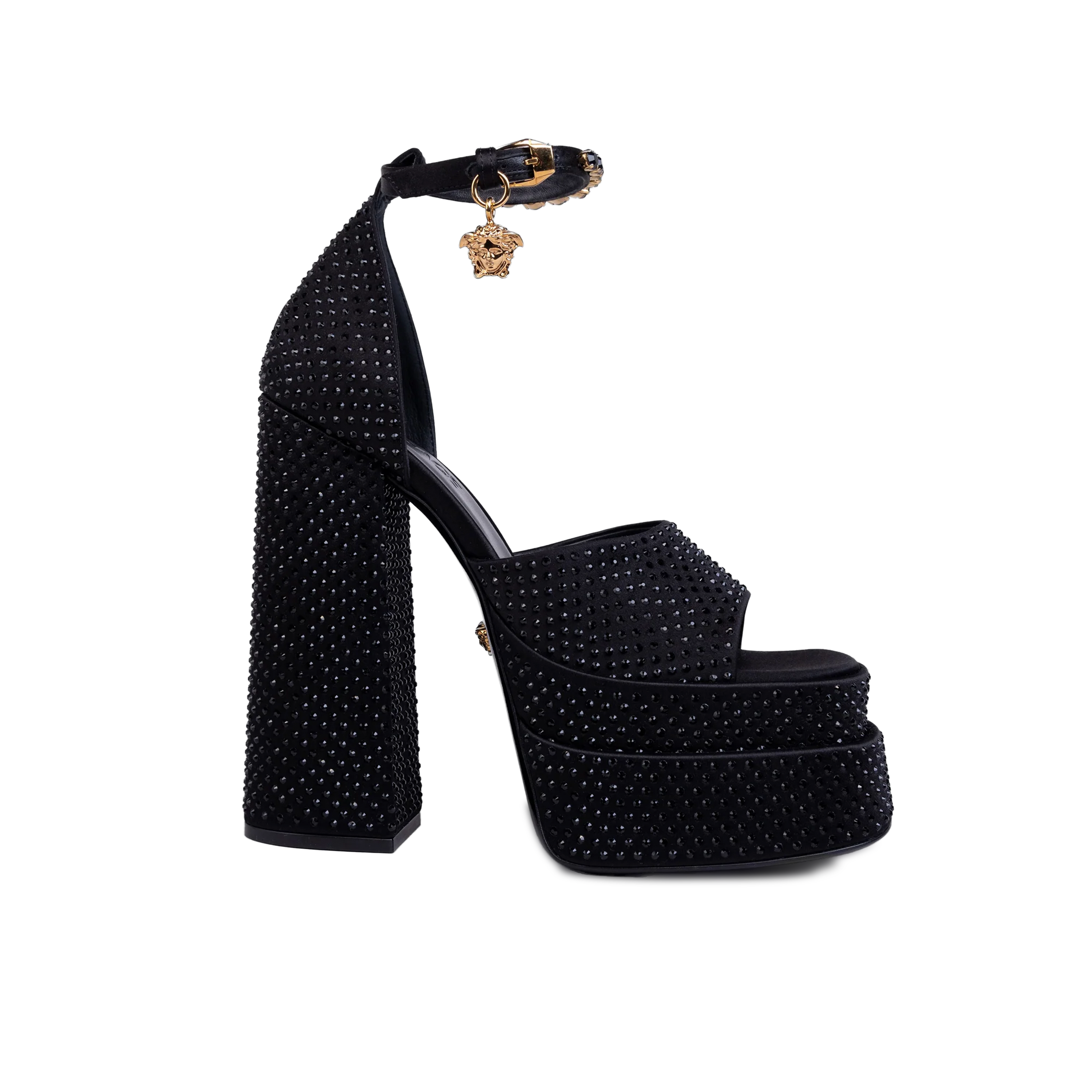 Tacones Negros Versace Swarovski Medusa Aevitas / Intrico 155 mm