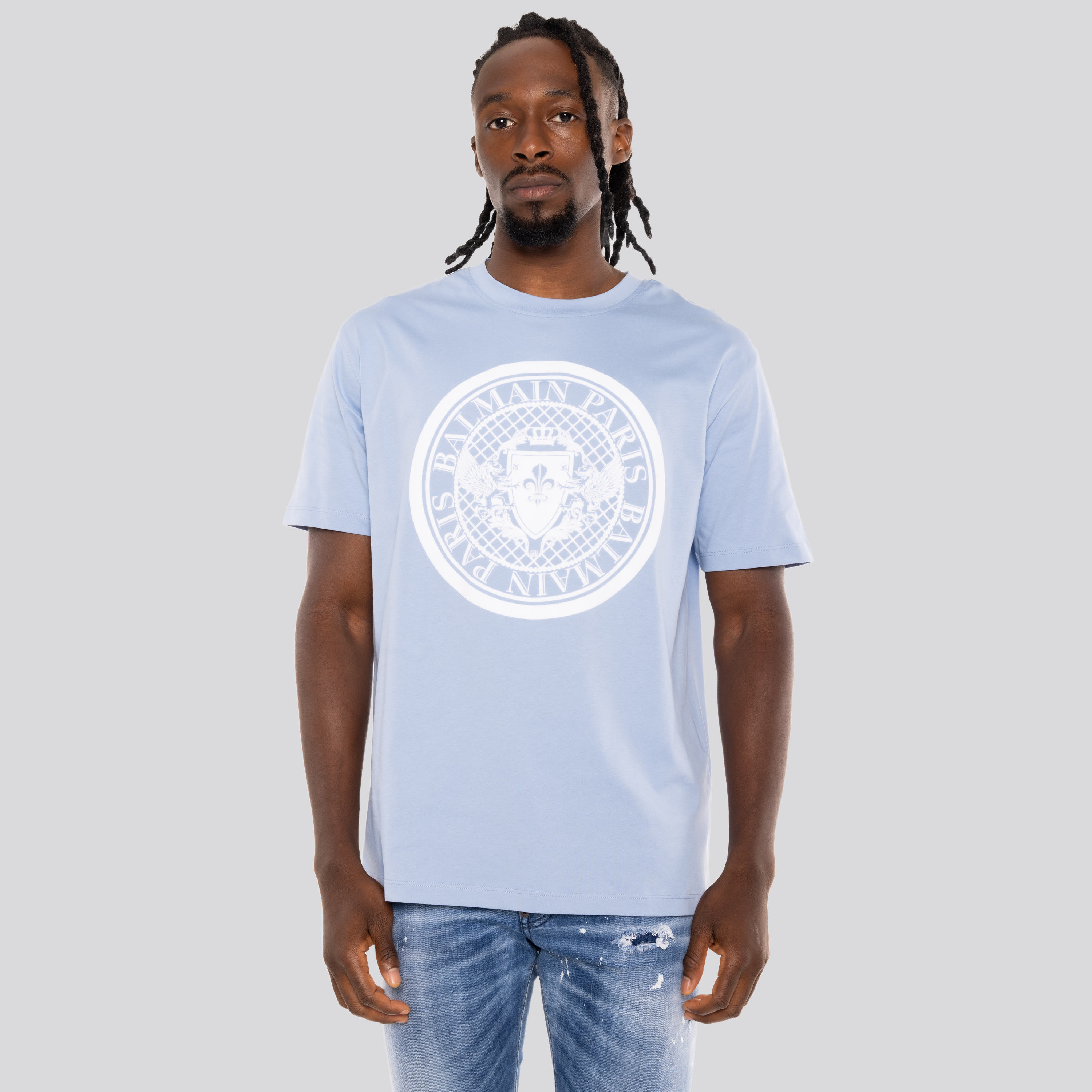 Camiseta Celeste Balmain Coin Flock