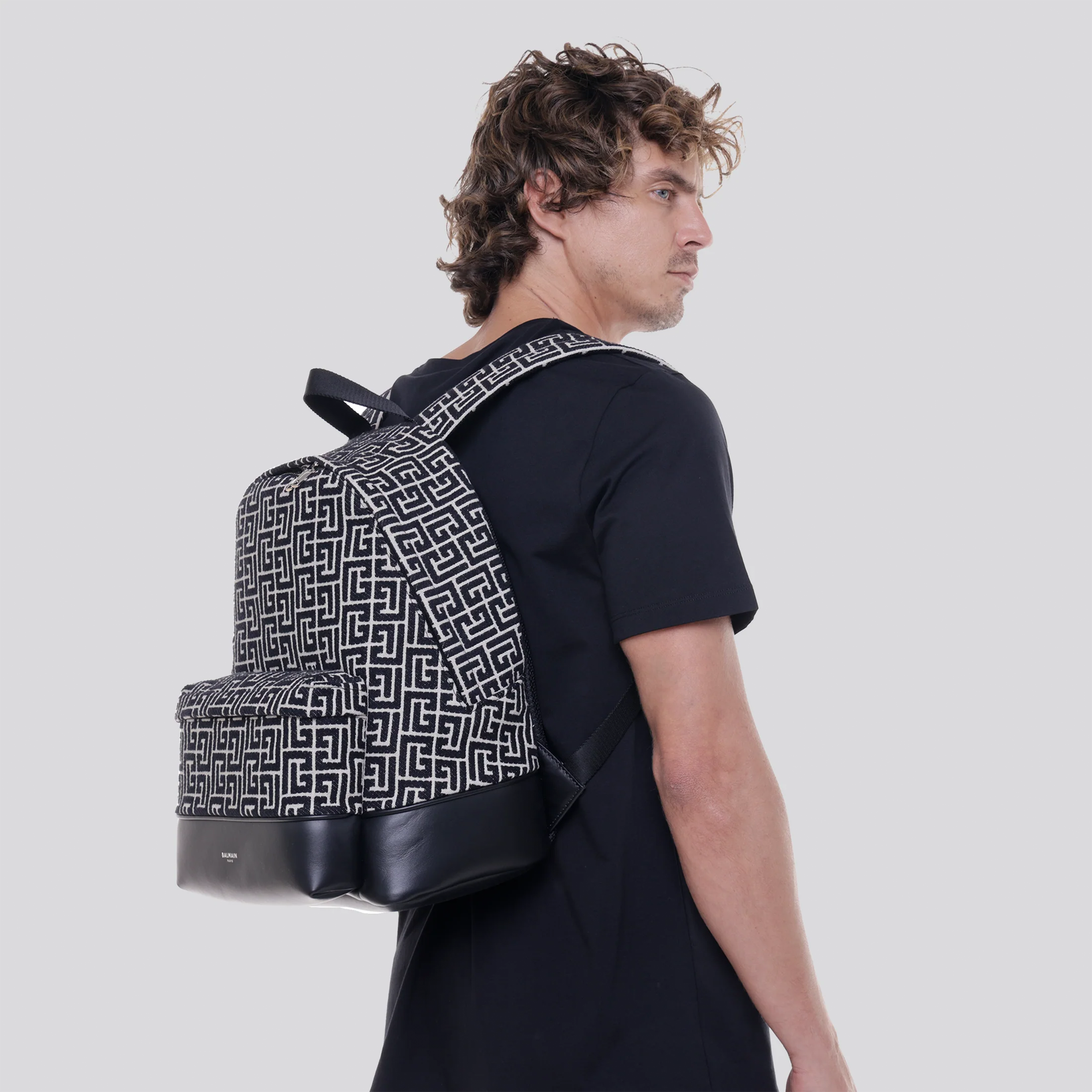 Mochila Negra Balmain Jacquard Logo