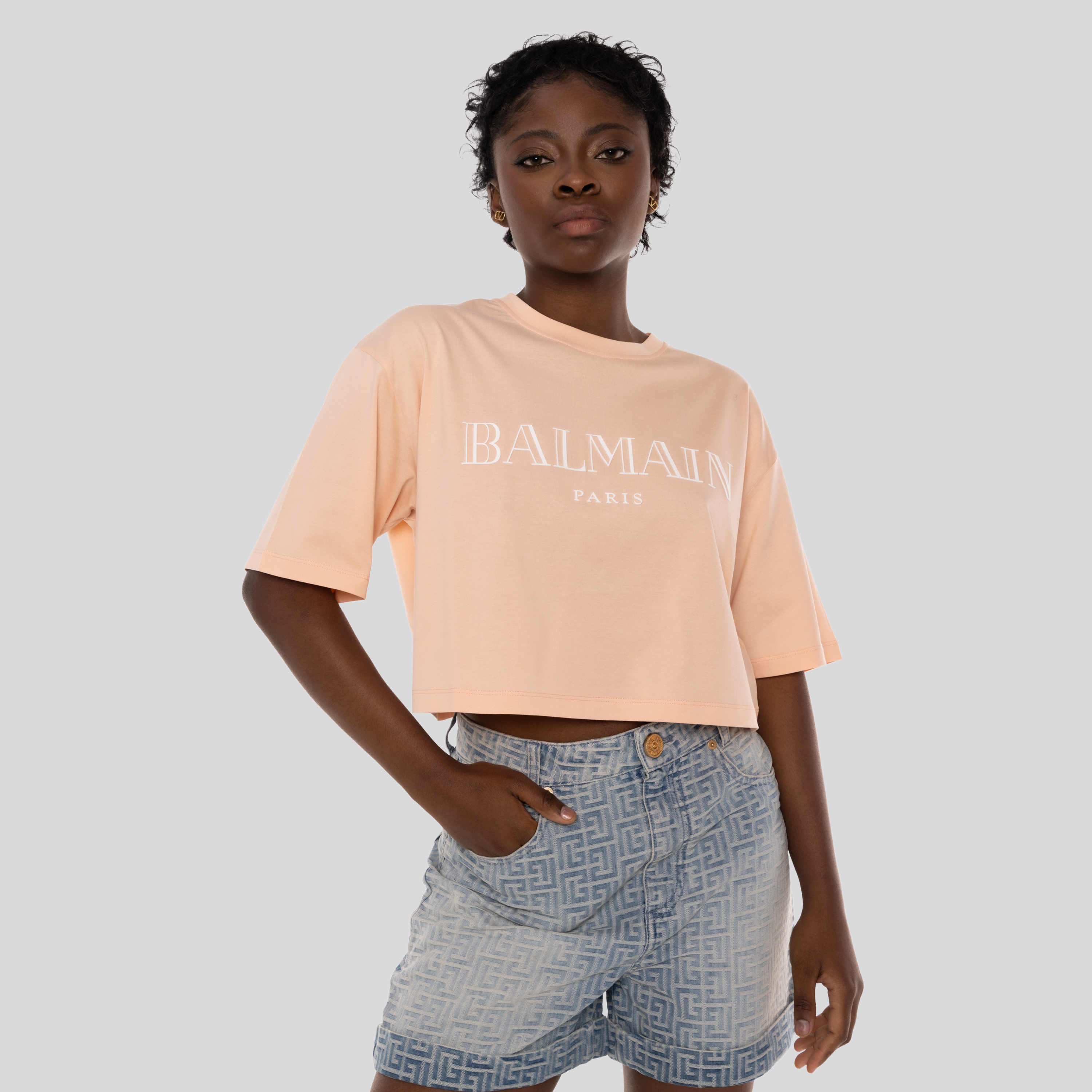 Camiseta Naranja Balmain Vintage Logo Cropped