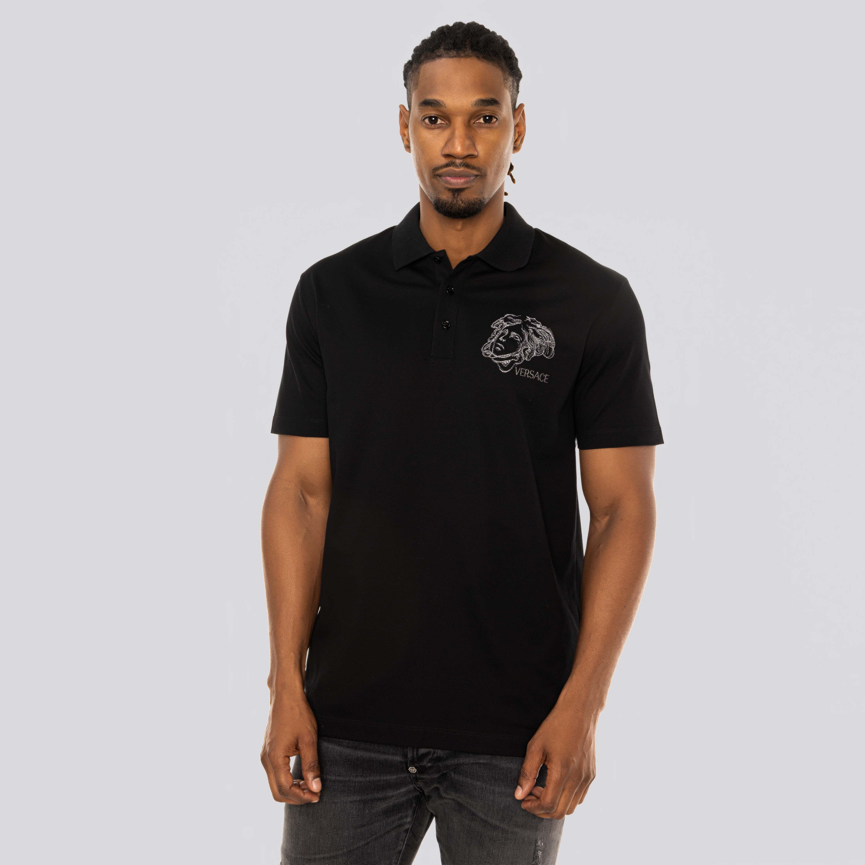 Camiseta Tipo Polo Negra Versace Medusa Chest Logo