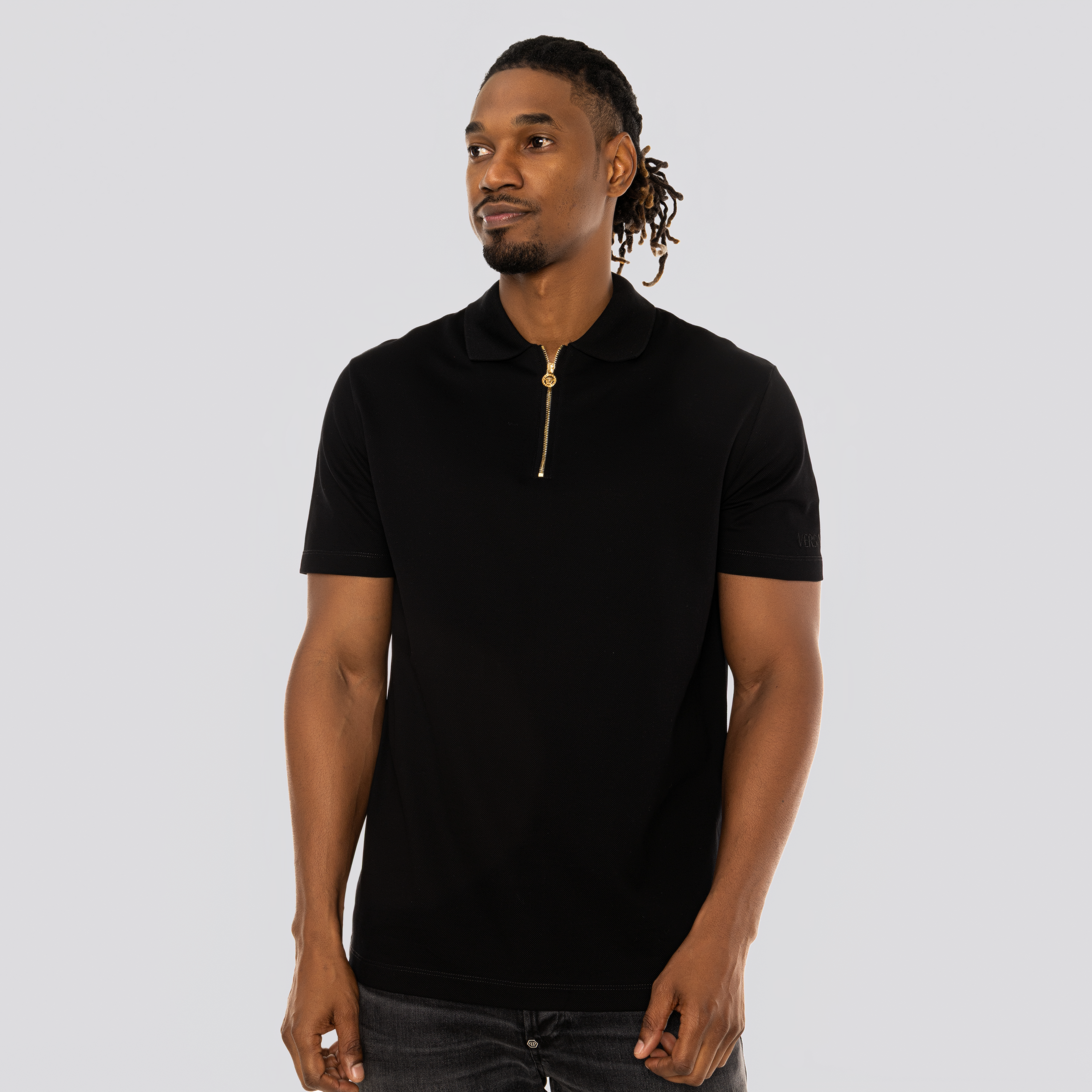 Camiseta Tipo Polo Negra Versace Gold Zip