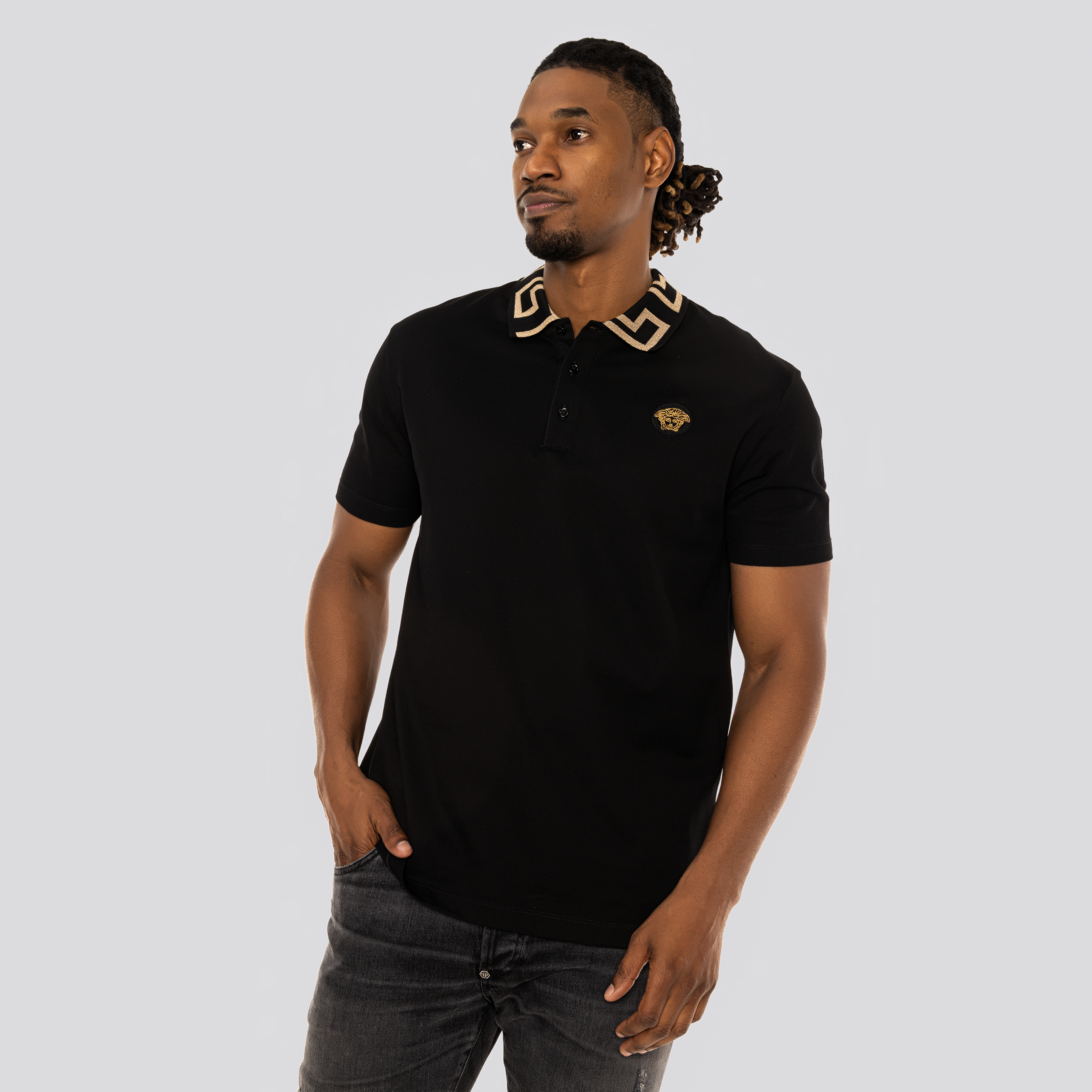 Camiseta Tipo Polo Negra Versace Greca