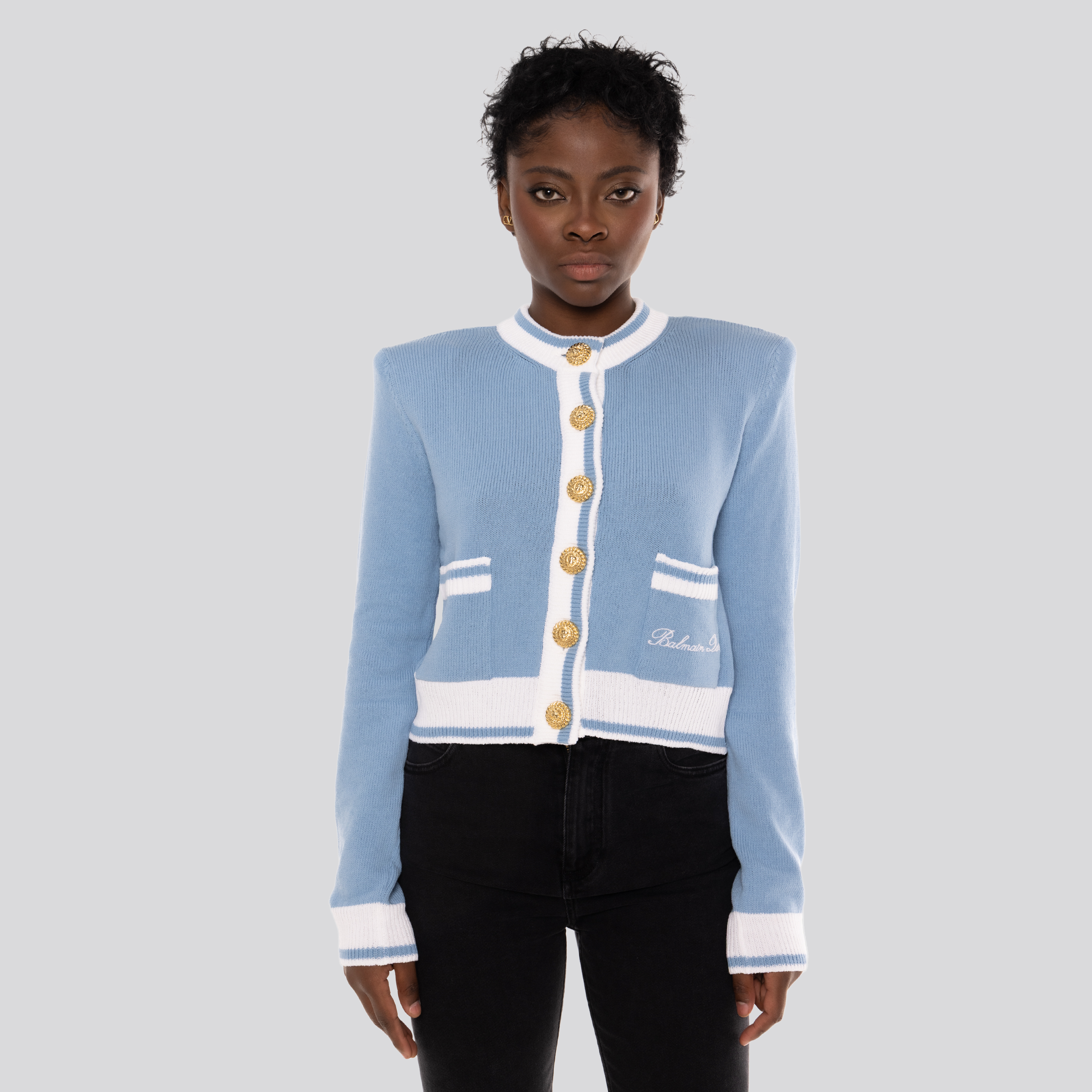 Buzo Celeste Balmain Light Blue Signature Buttoned Knit Cardigan