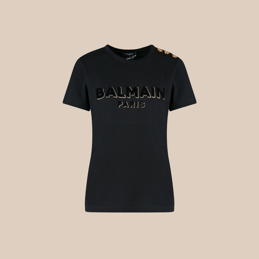 Camiseta Negra Balmain Flock & Foil 3 Btn
