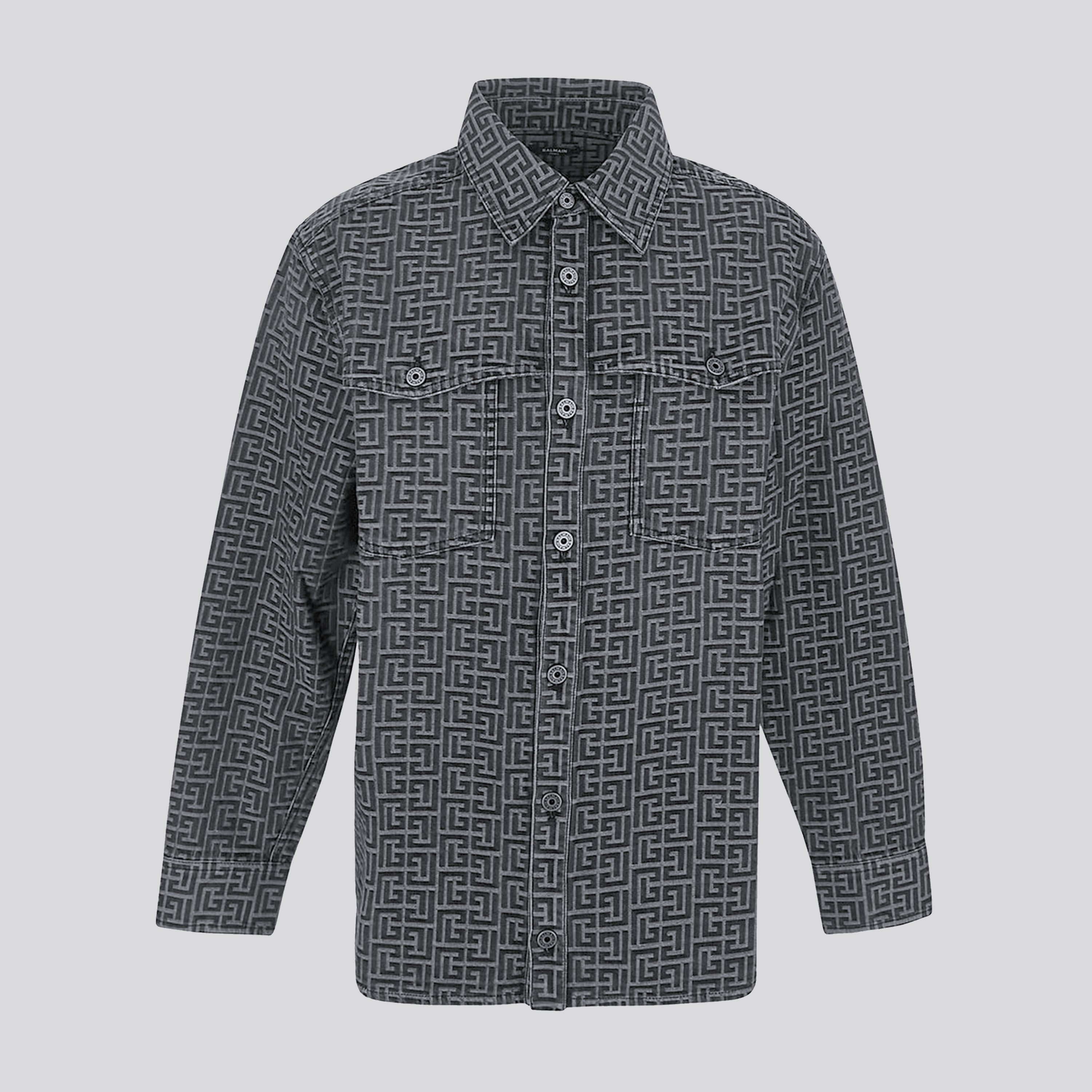 Camisa Negra Balmain Denim Jacquard Monogram