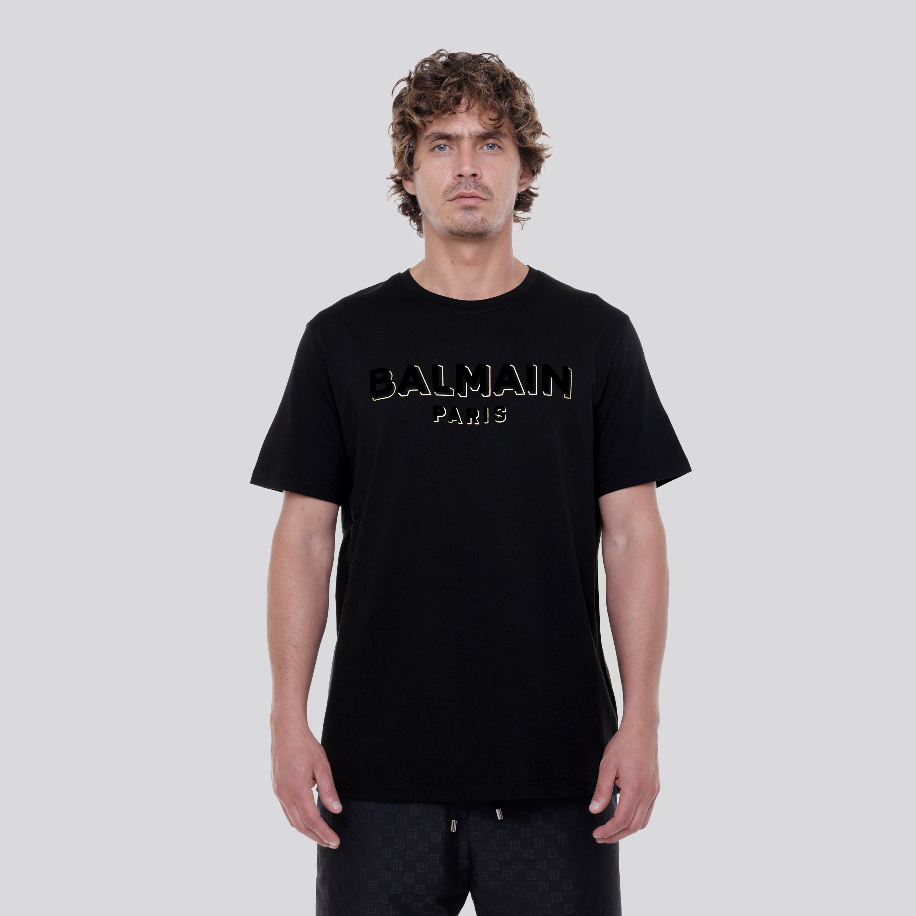 Camiseta Negra con Dorado Balmain Flock & Foil