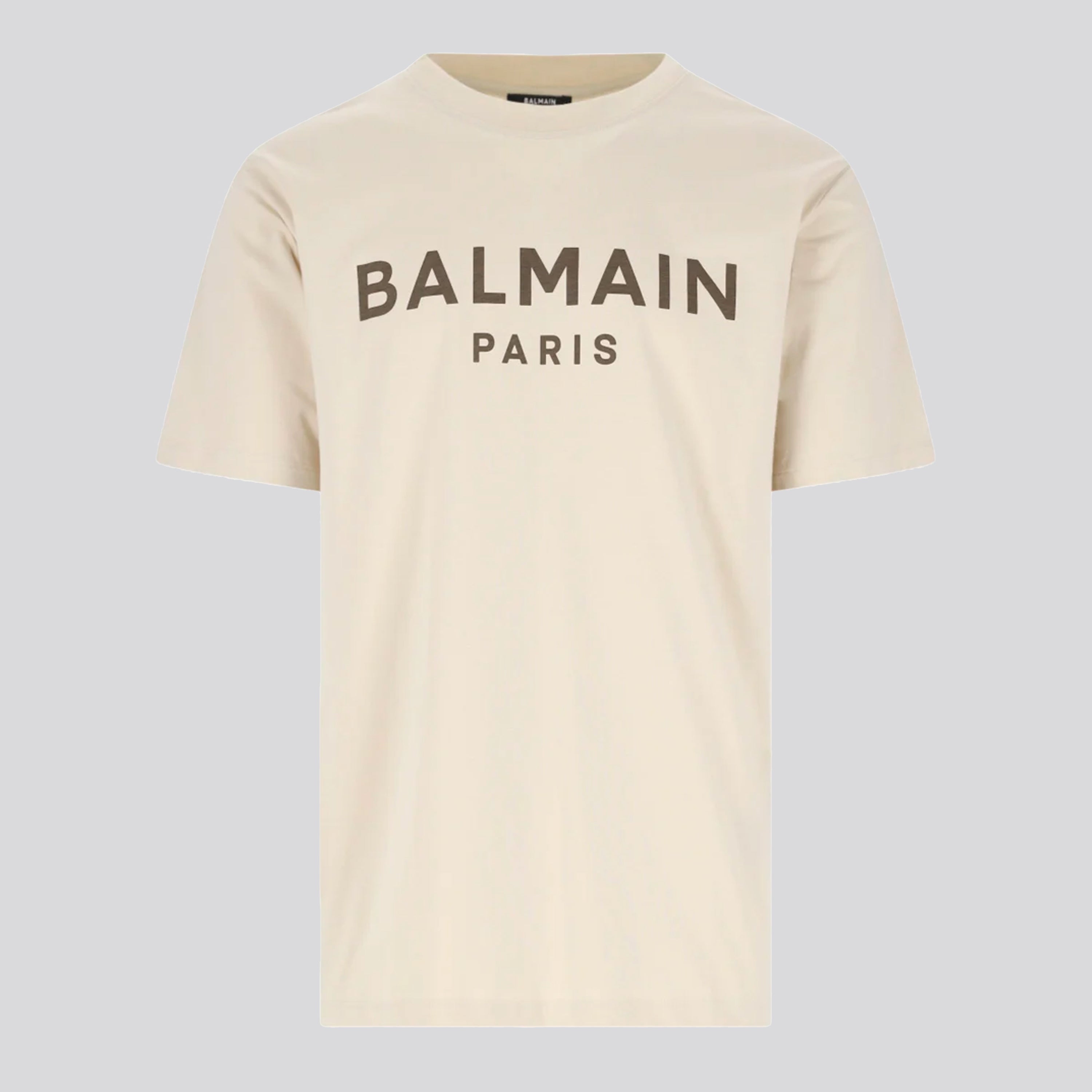 Camiseta Beige Balmain Paris Logo Gold