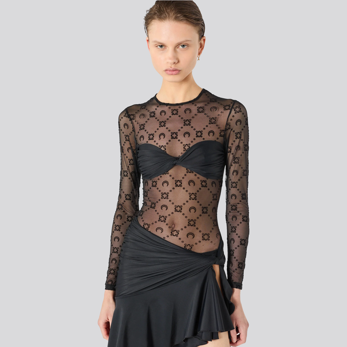 Vestido Negro Marine Serre Monogram Mesh Flock Ruffles