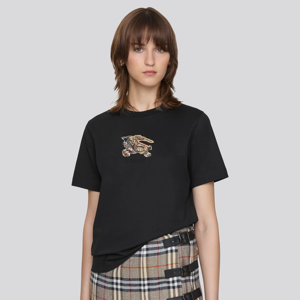 Camiseta Negra Burberry Horse Knight Check
