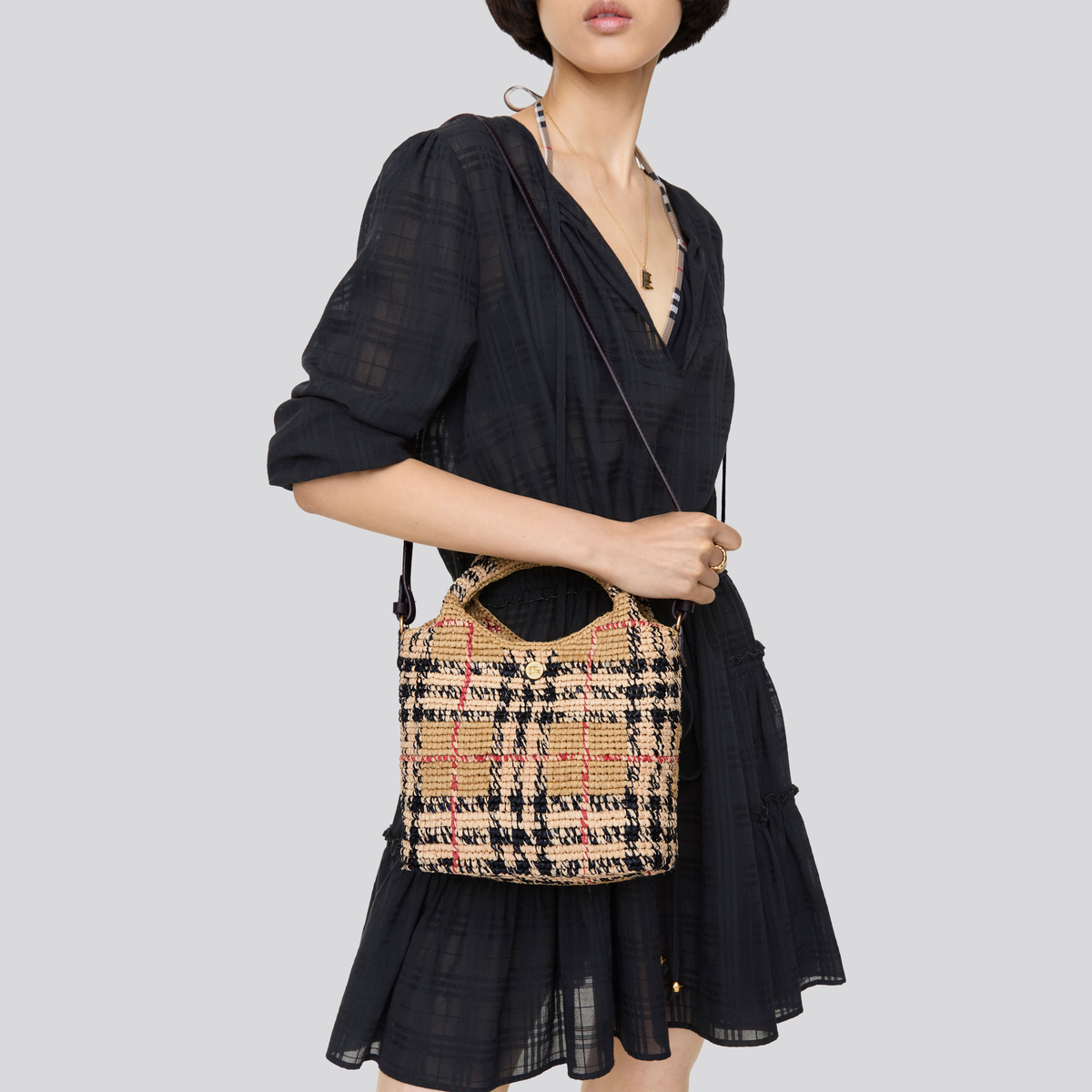 Cartera Beige Burberry Mini Margate Check Raffia