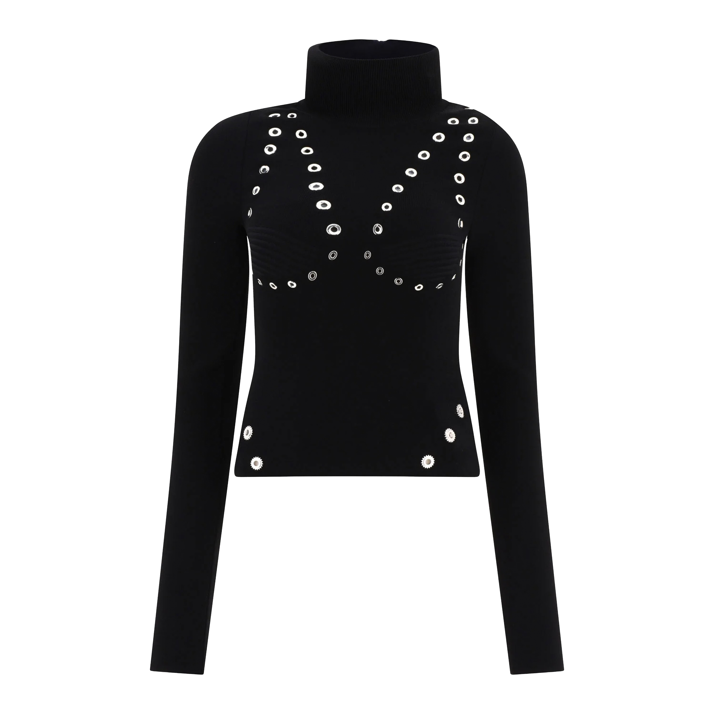 Top Negro Off-White Eyelets Mock Neck