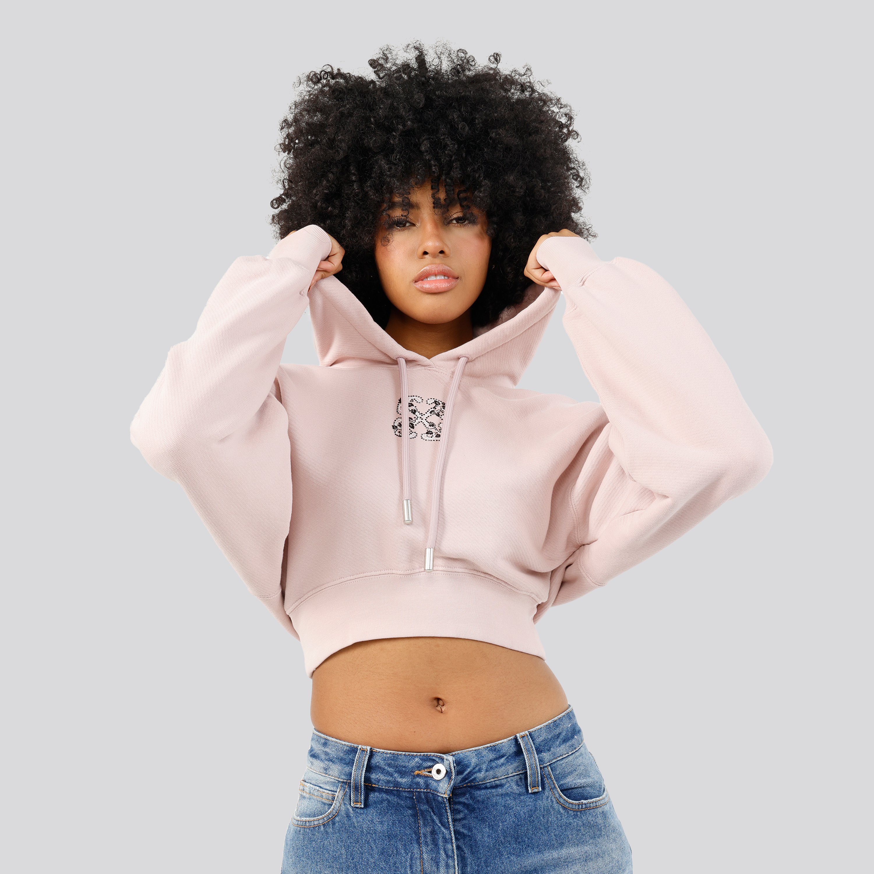 Hoodie Lila Off-White Bling Leaves Arrow Crop Burnished