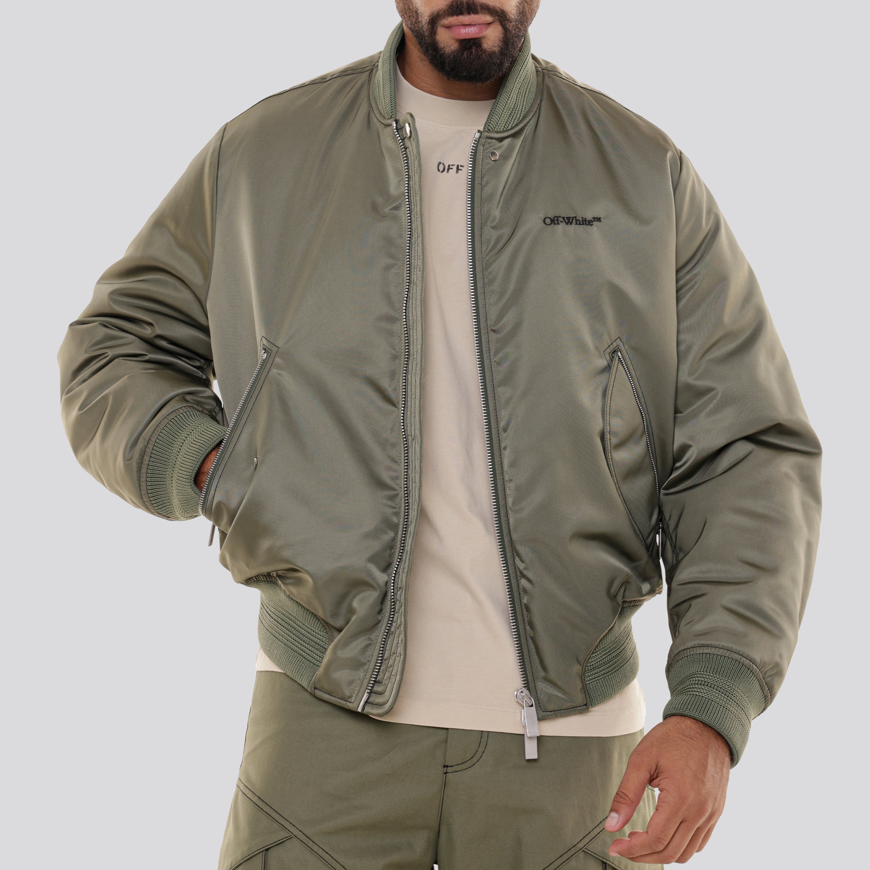 Chaqueta Verde Off-White Bomber Contrast Stitch Nylon