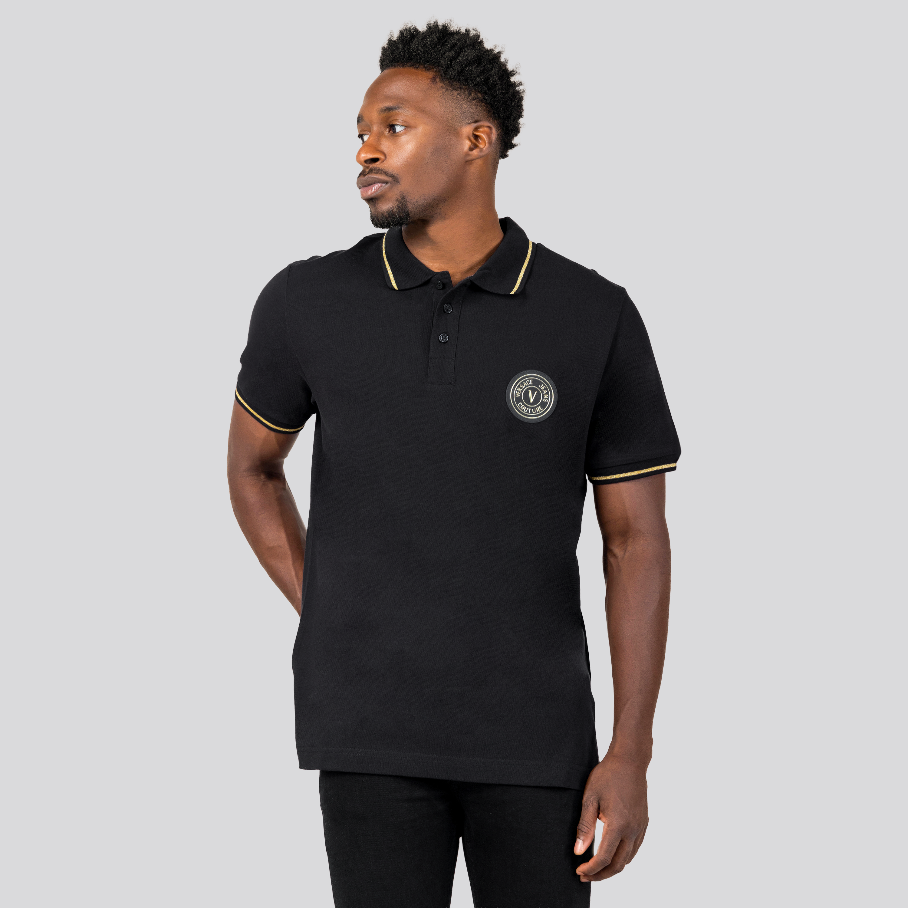 Camiseta Tipo Polo Negra Versace Couture Chest Logo