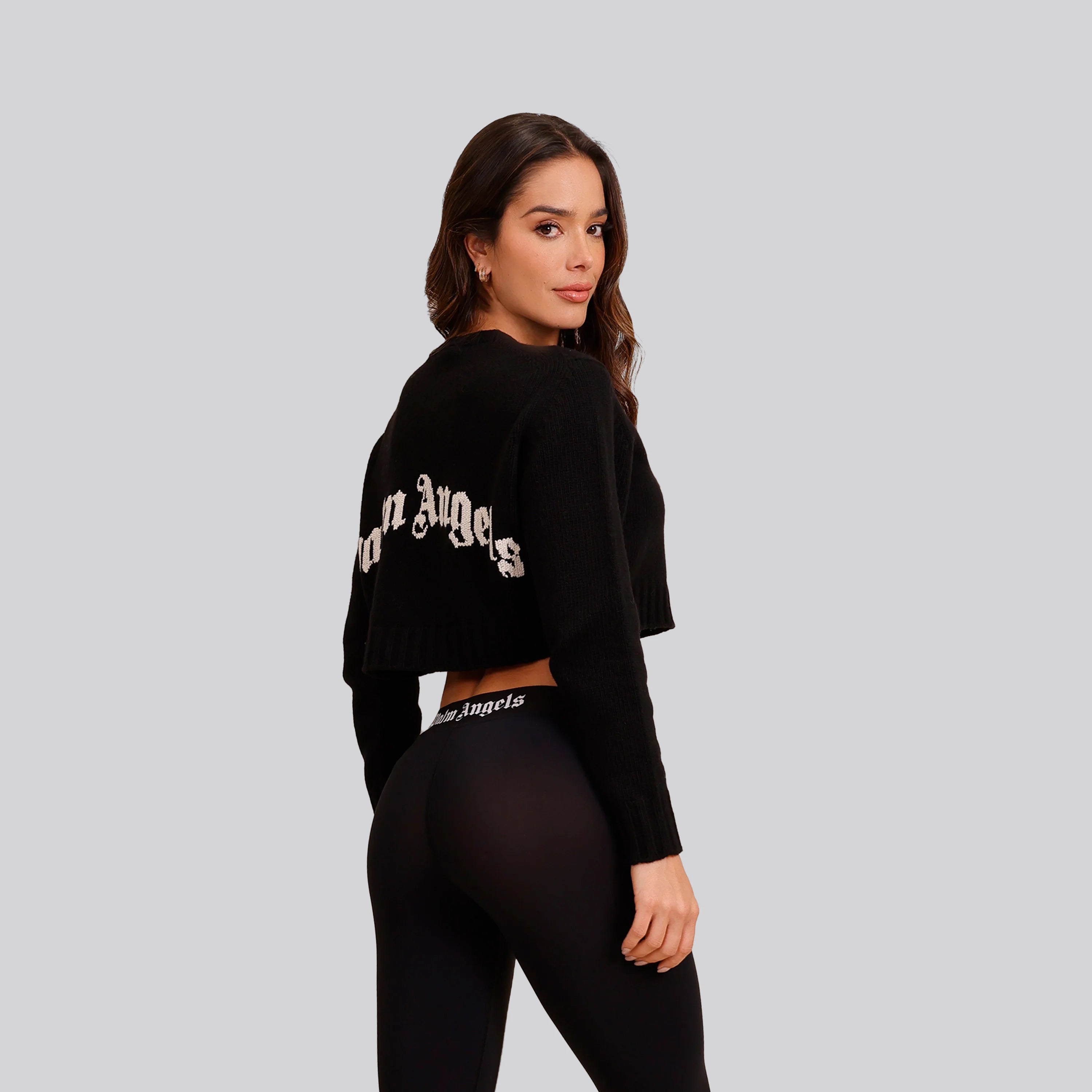 Suéter Negro Blanco Palm Angels Curved Logo Cropped