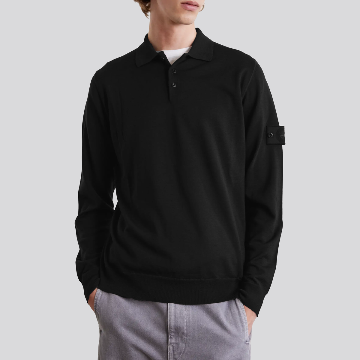 Camiseta Tipo Polo Negra Stone Island Ghost Manga Larga
