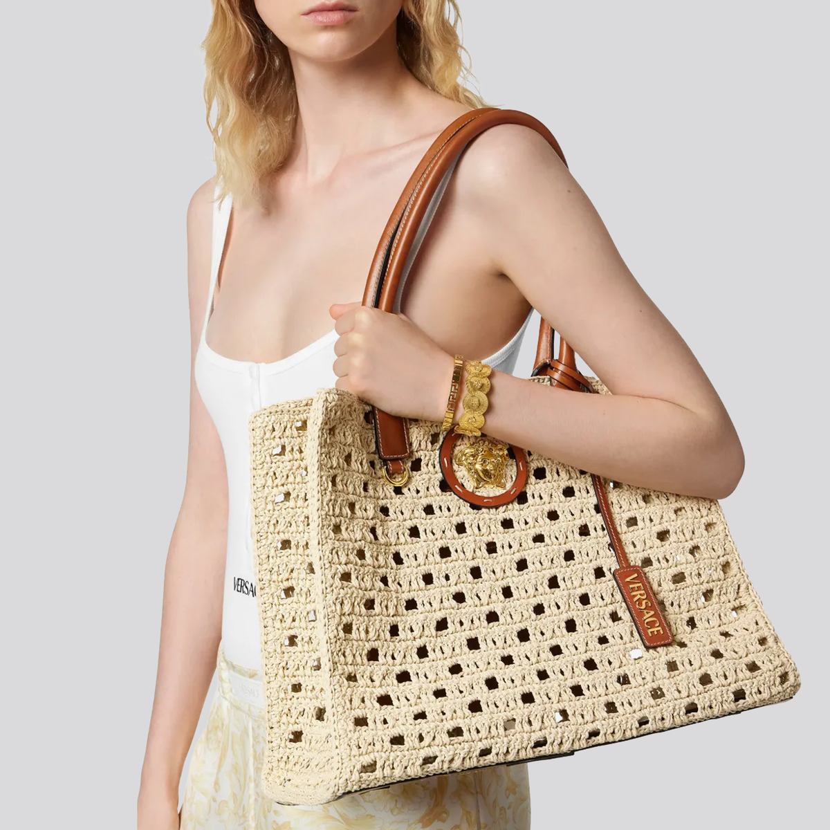 Cartera Beige Versace La Medusa Raffia