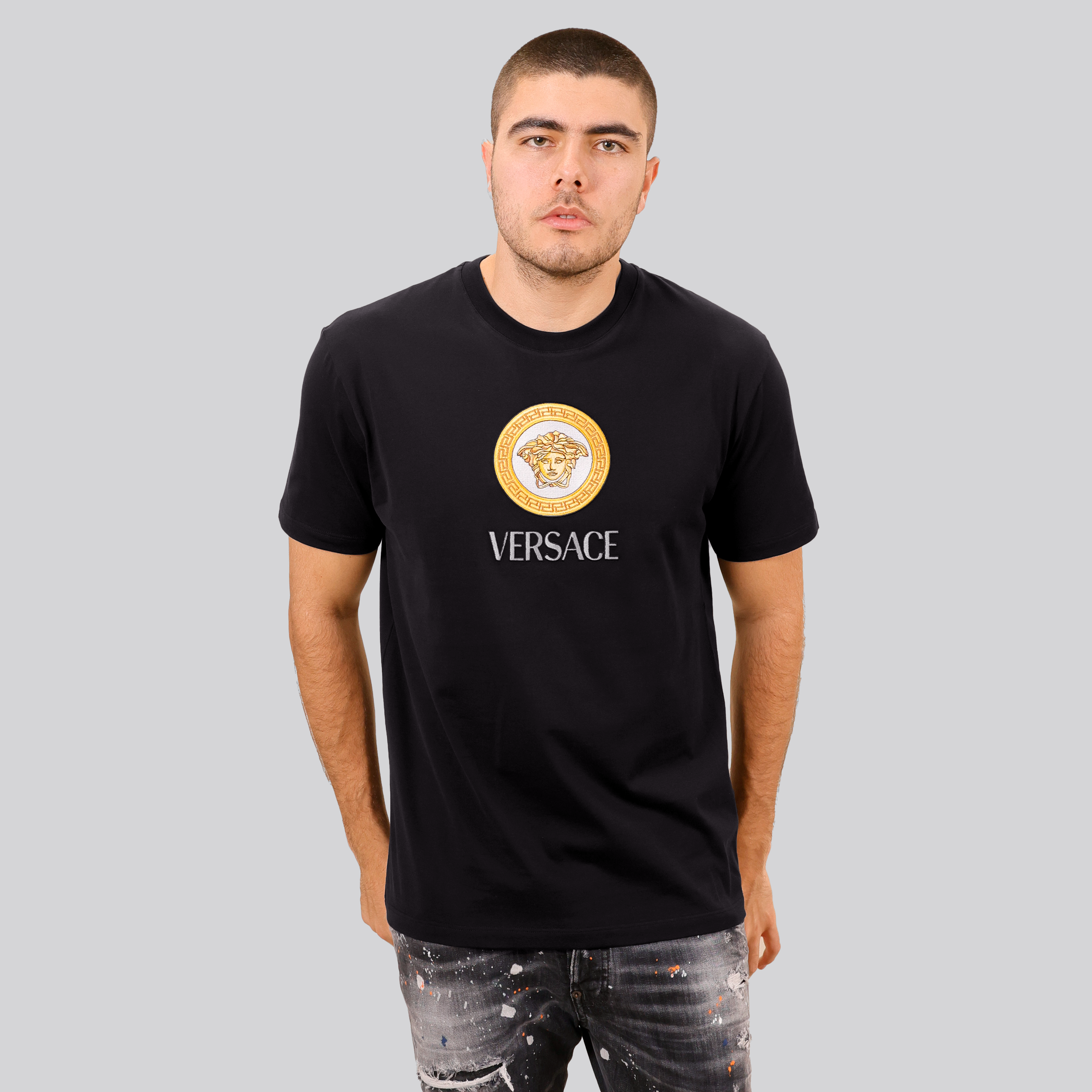 Camiseta Negra Versace Logo Medusa Embroidered