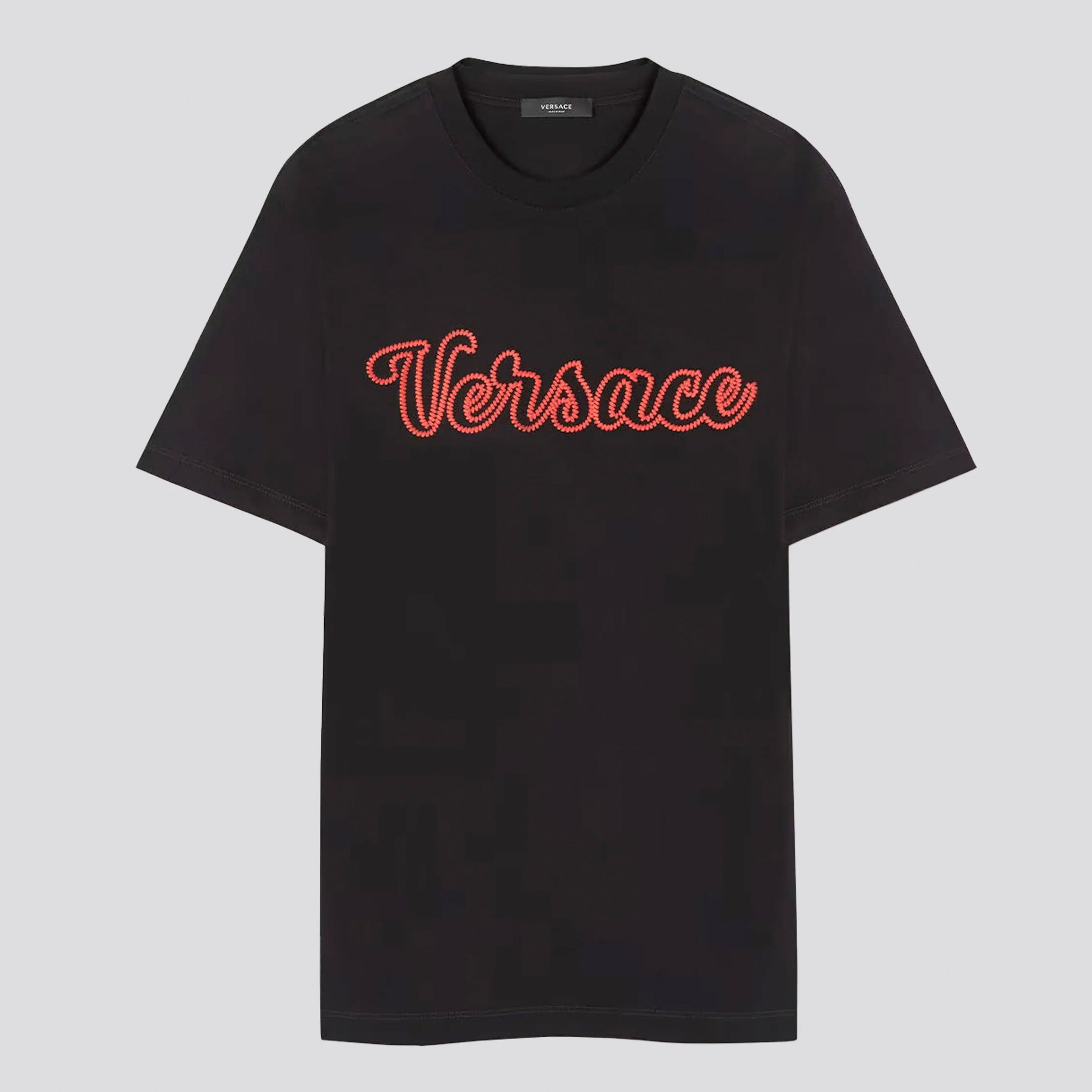 Camiseta Negra Versace Red Embroidered Logo