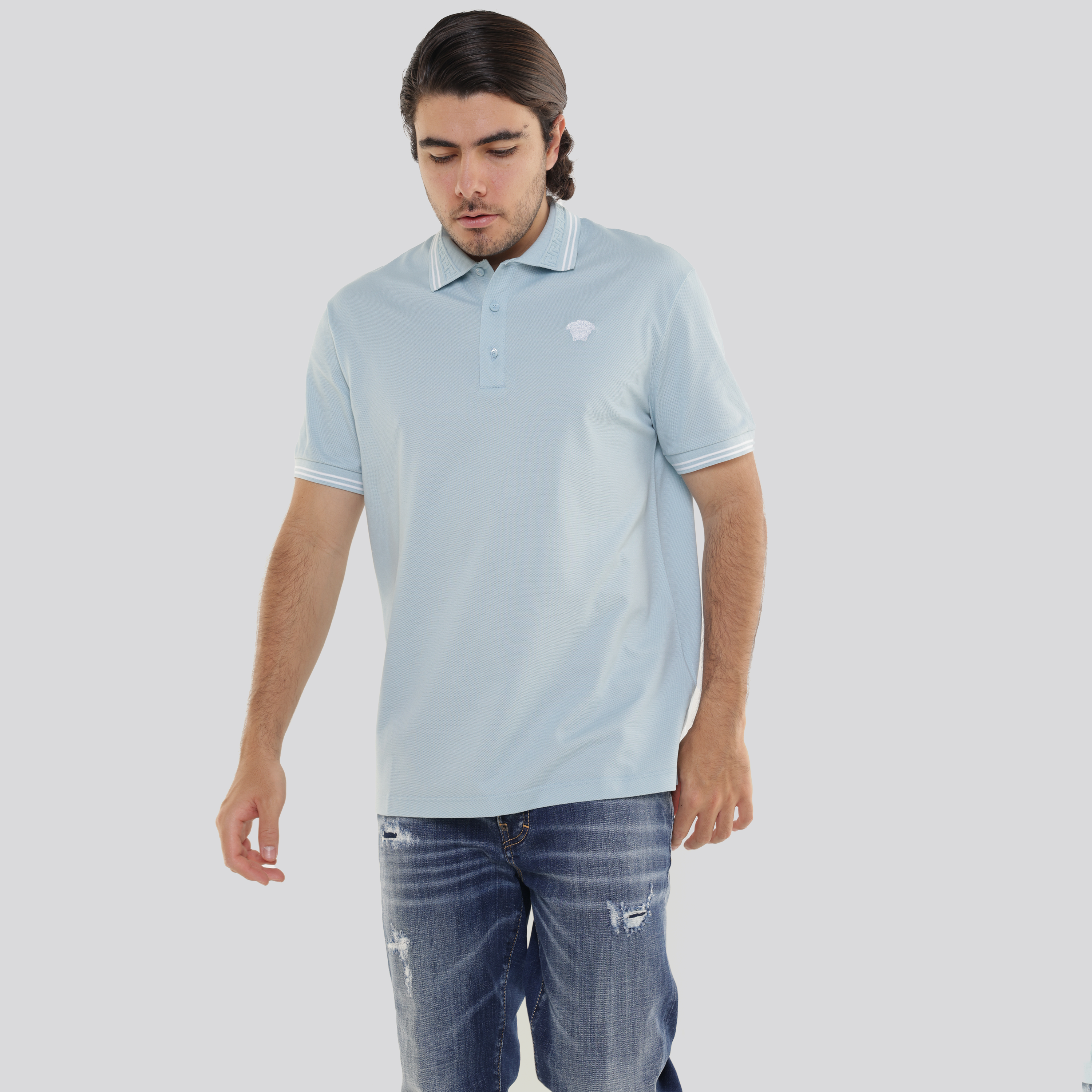 Camiseta Tipo Polo Celeste Versace Neck Logo