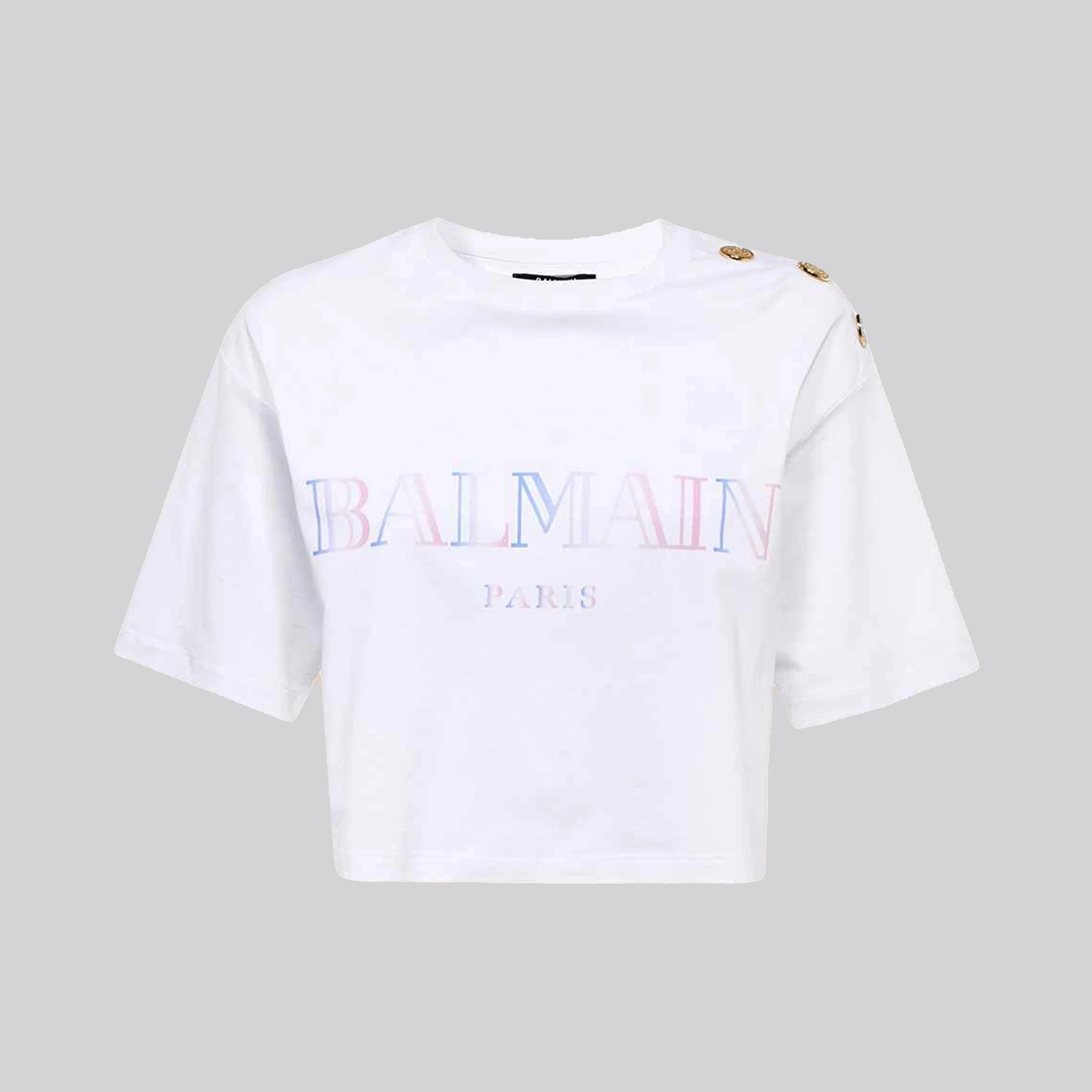 Camiseta Blanca Balmain Logo Gradient Cropped