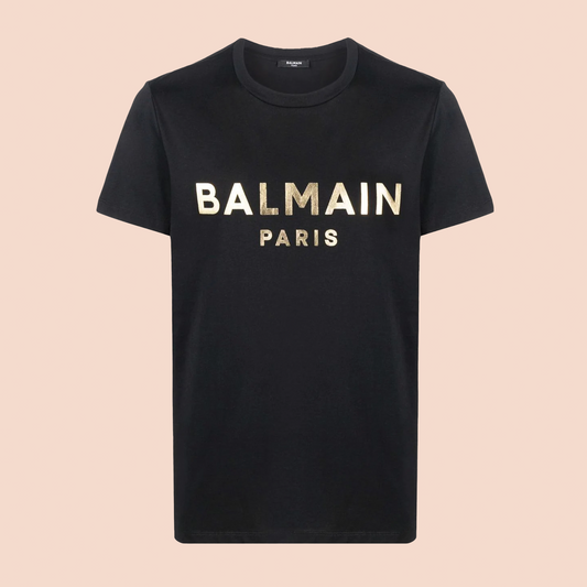 Camiseta Negra Balmain Paris Logo Gold