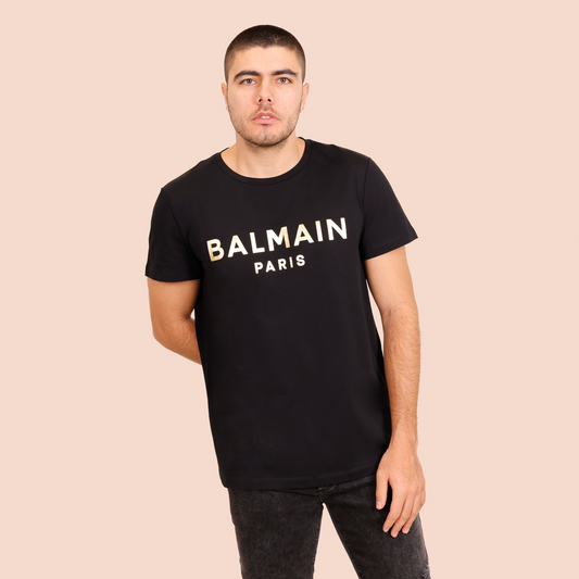 Camiseta Negra Balmain Paris Logo Gold