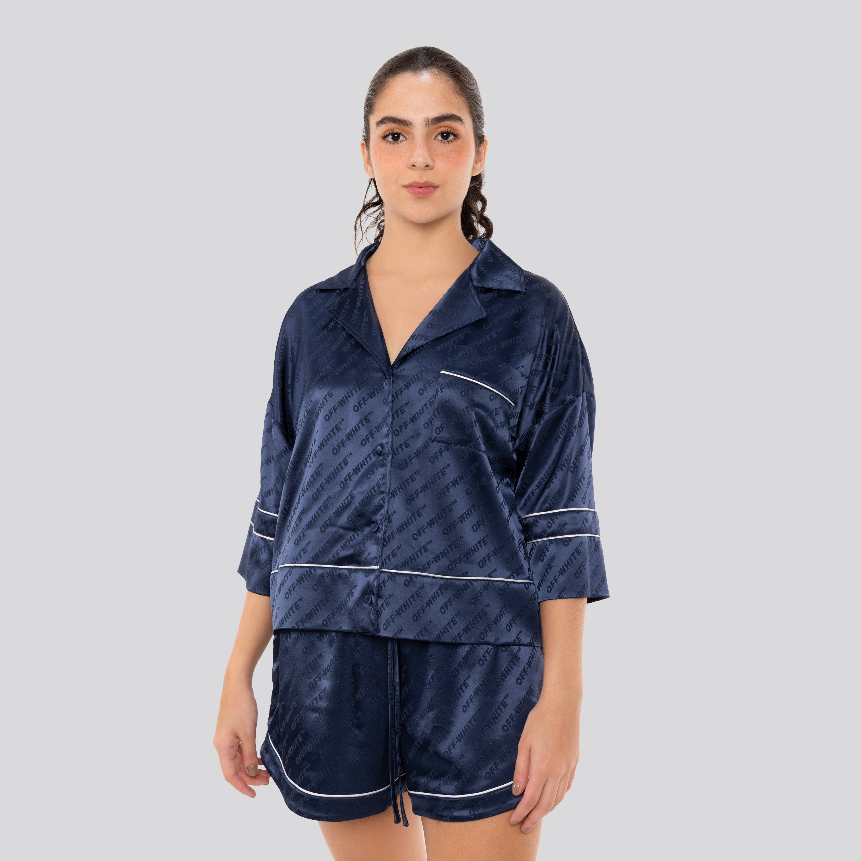 Camisa Azul Off-White Satin Off Monogram