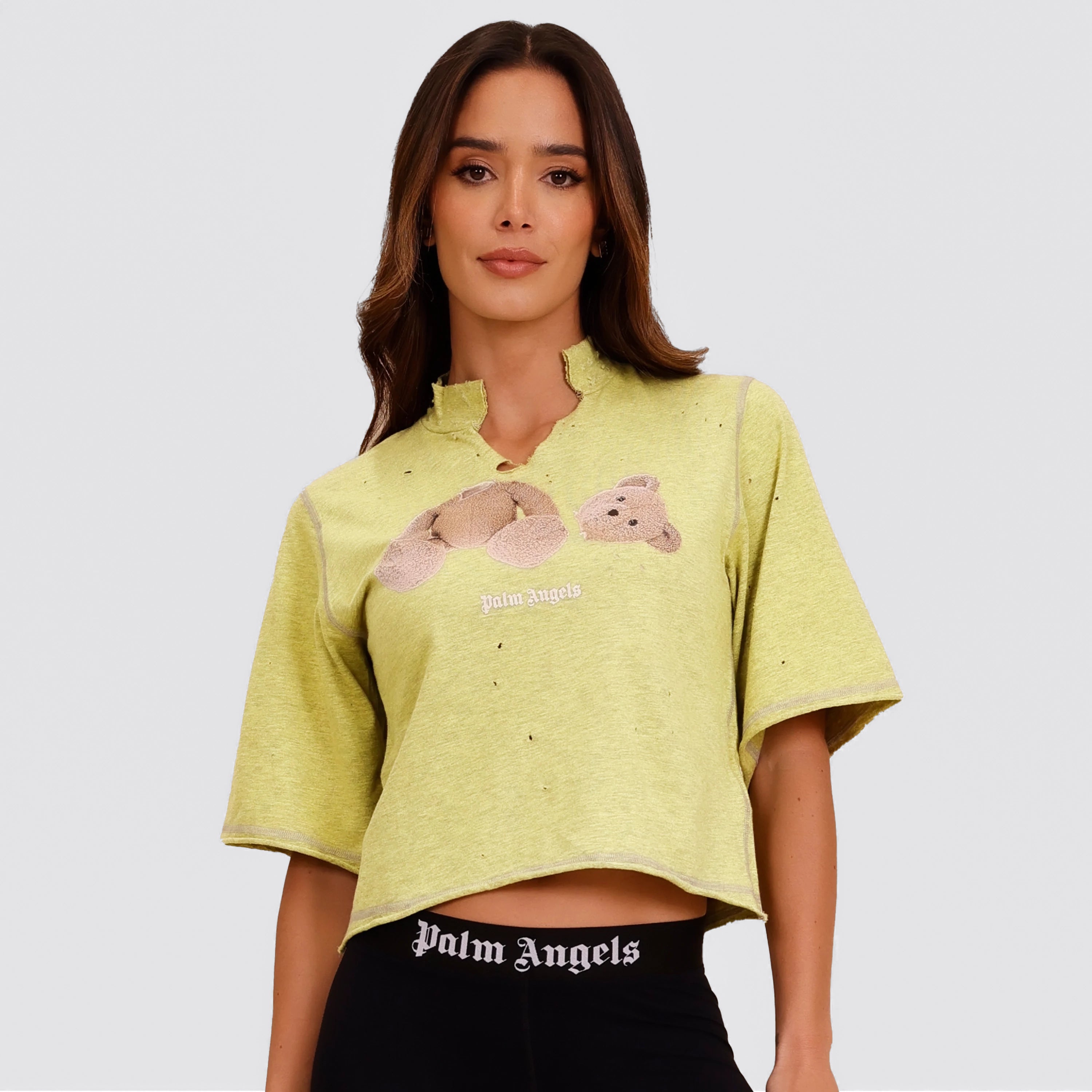 Camiseta Verde Palm Angels Ripped Bear Cropped