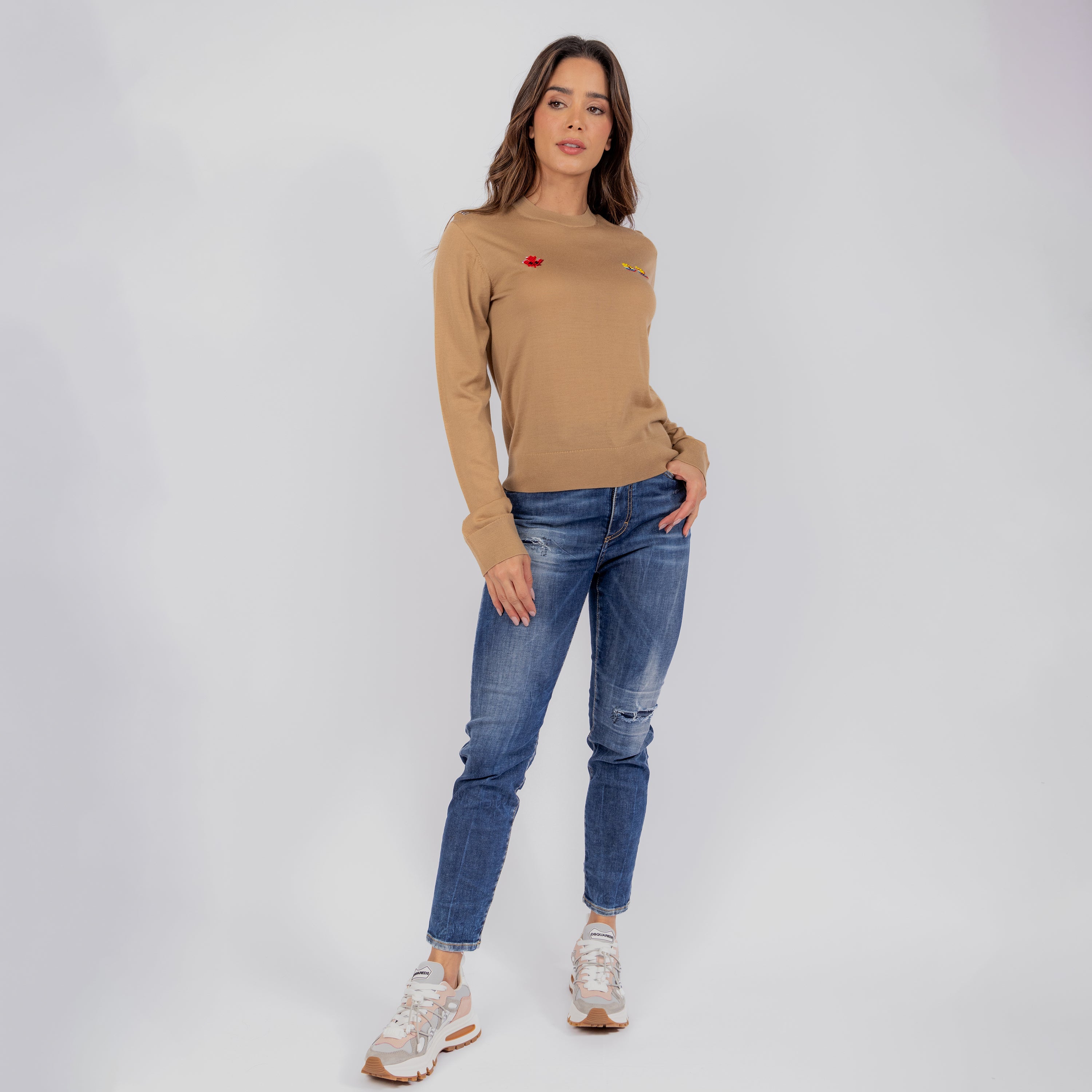 Suéter Beige Dsquared2 Knit Logo Embroidered