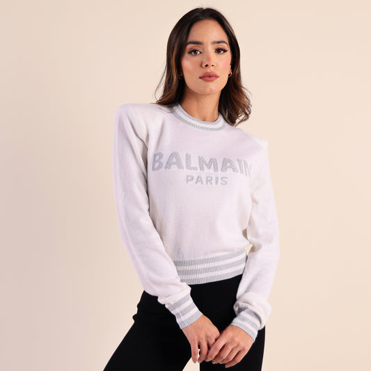 Suéter Blanco Silver Balmain Paris Logo